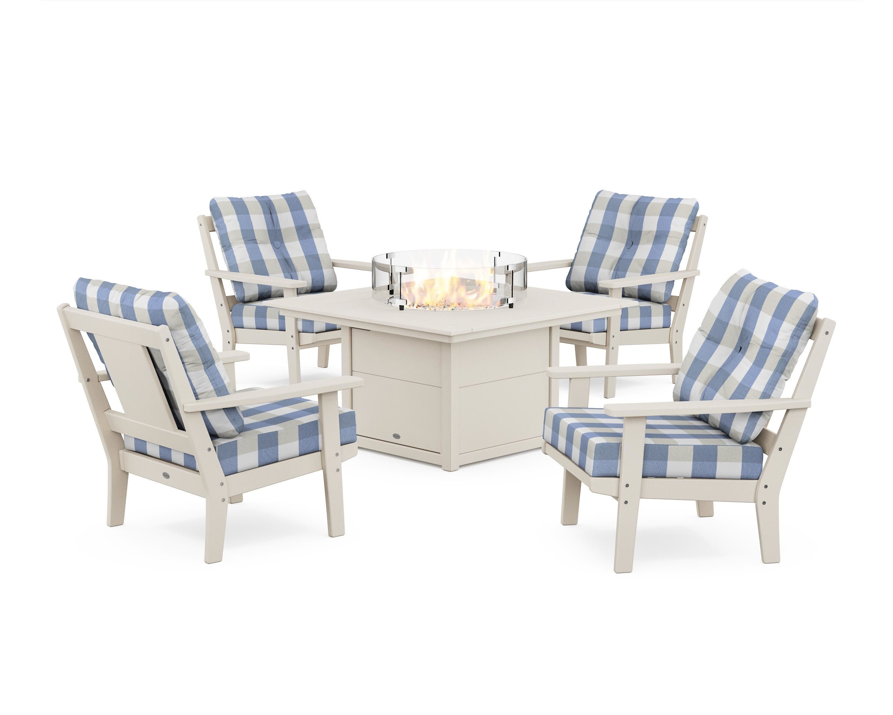 Prairie 5-Piece Deep Seating Set with Fire Pit Table in Sand / Buffalo Plaid Sky Blue