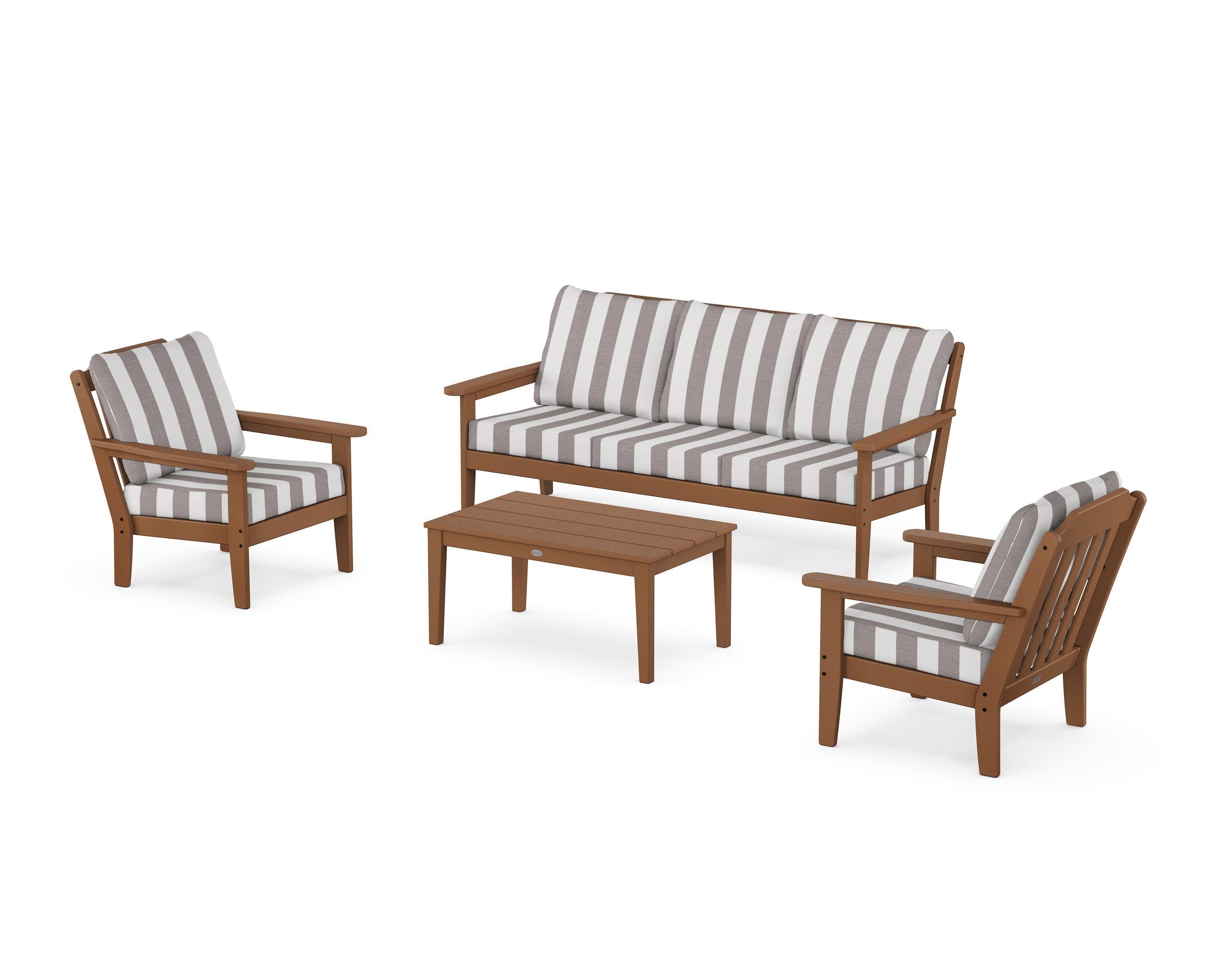 Cottage 4-Piece Deep Seating Set with Sofa in Teak / Cabana Stripe Grey Mist