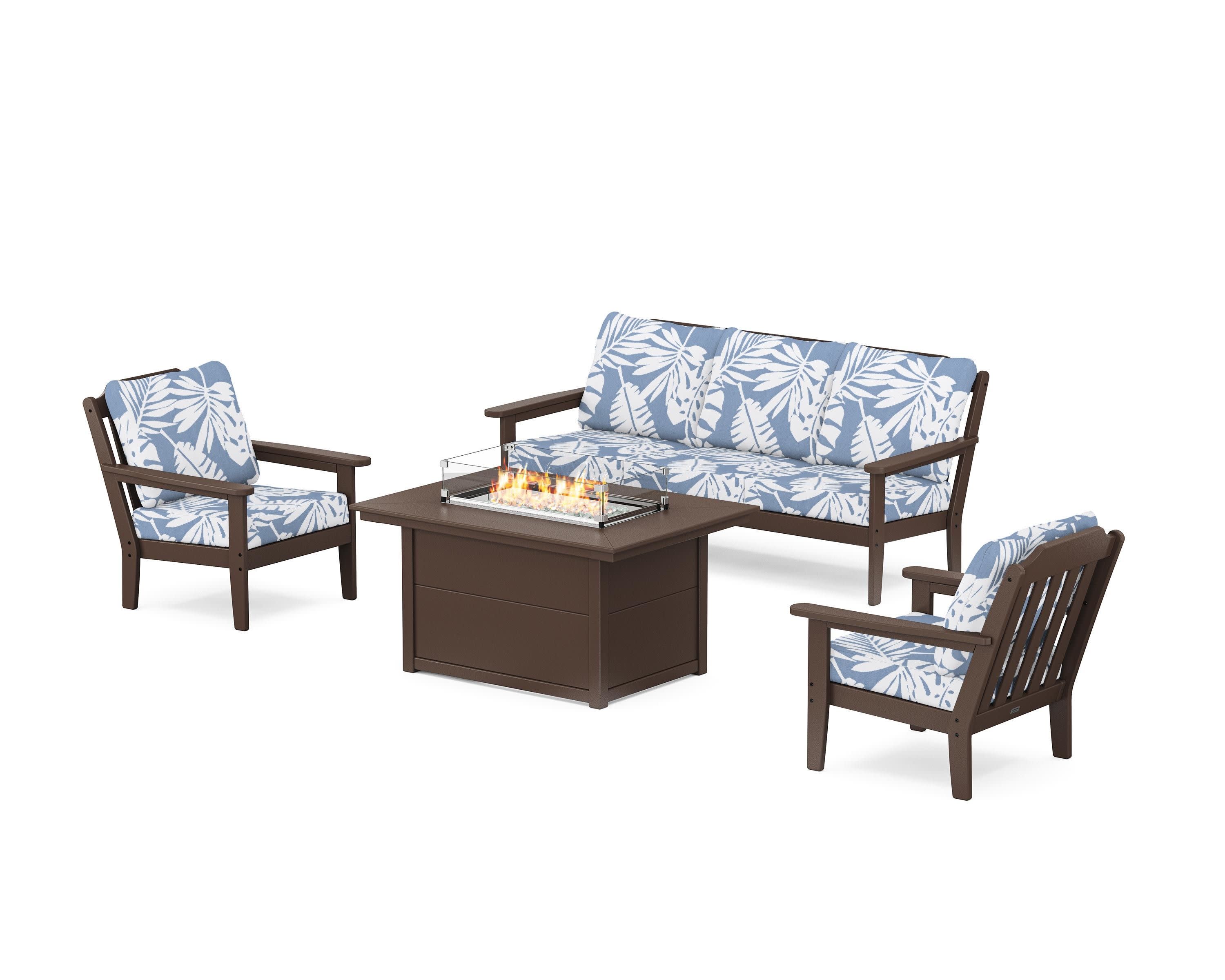 Cottage Deep Seating Fire Pit Table Set in Mahogany / Leaf Sky Blue