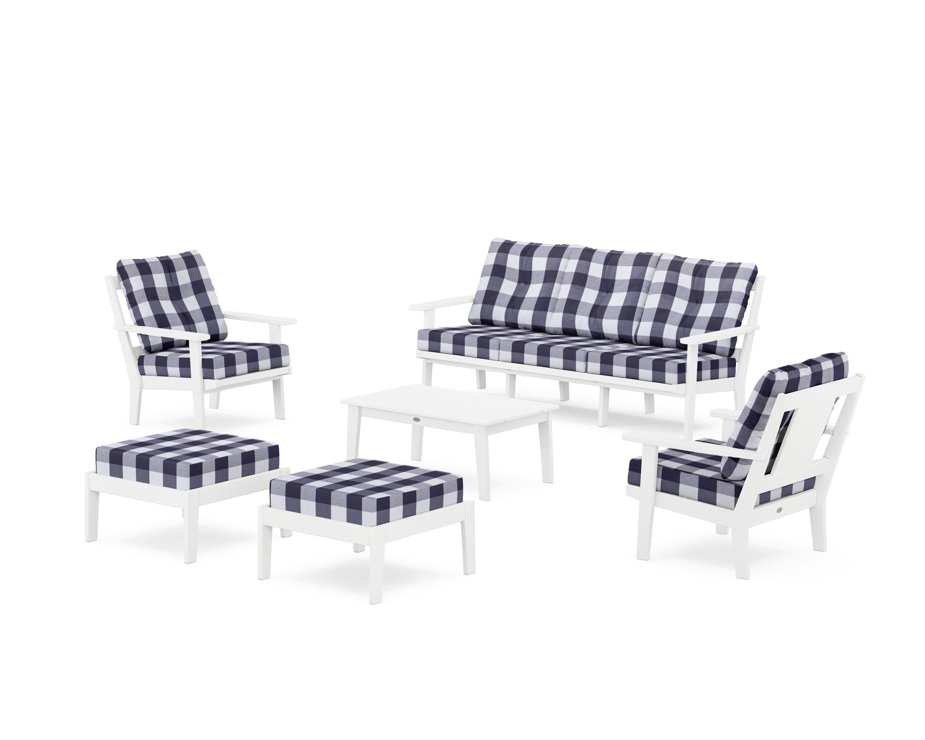 Prairie 6-Piece Lounge Sofa Set in White / Buffalo Plaid Navy
