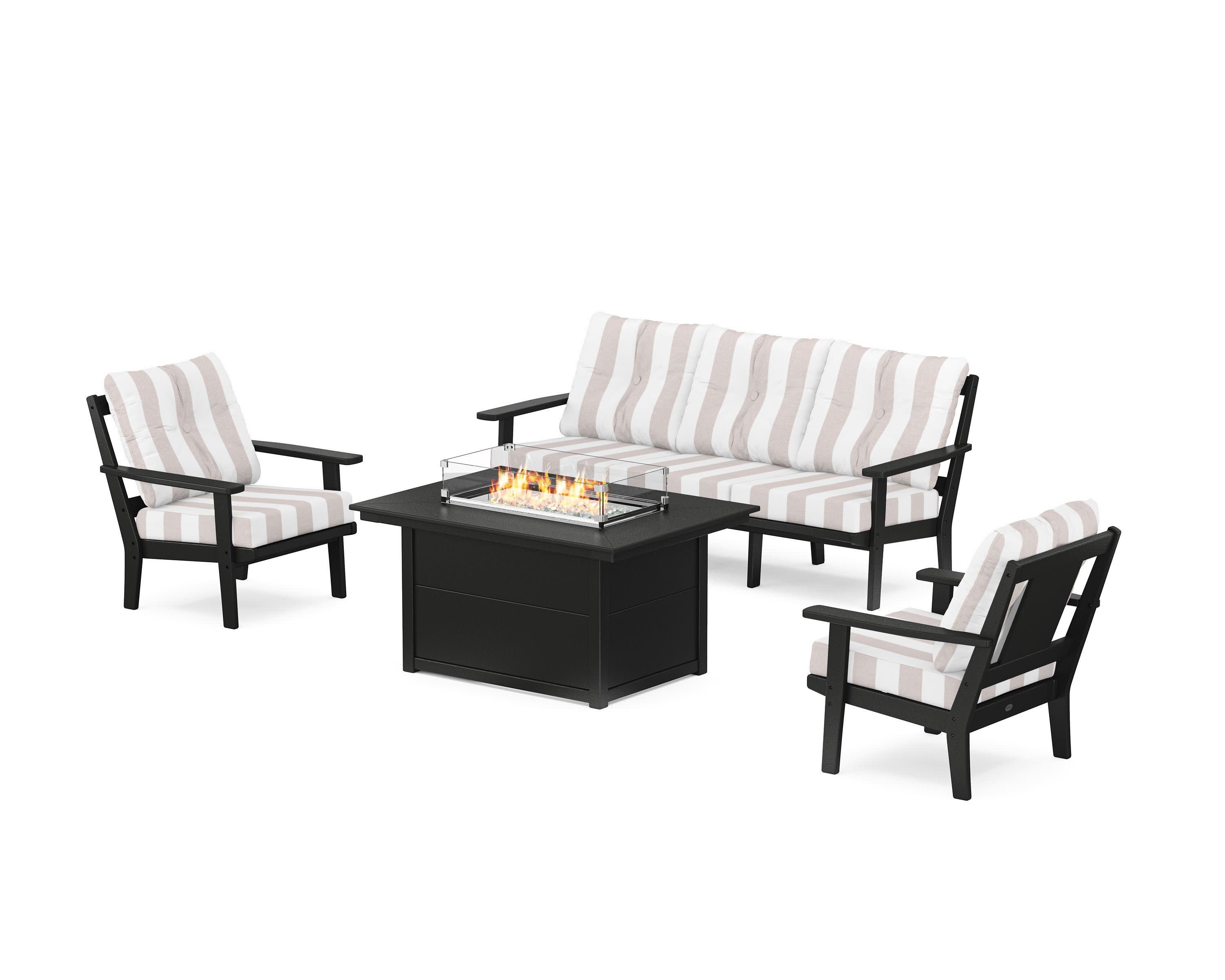 Prairie Deep Seating Fire Pit Table Set in Black / Cabana Stripe Dune Burlap