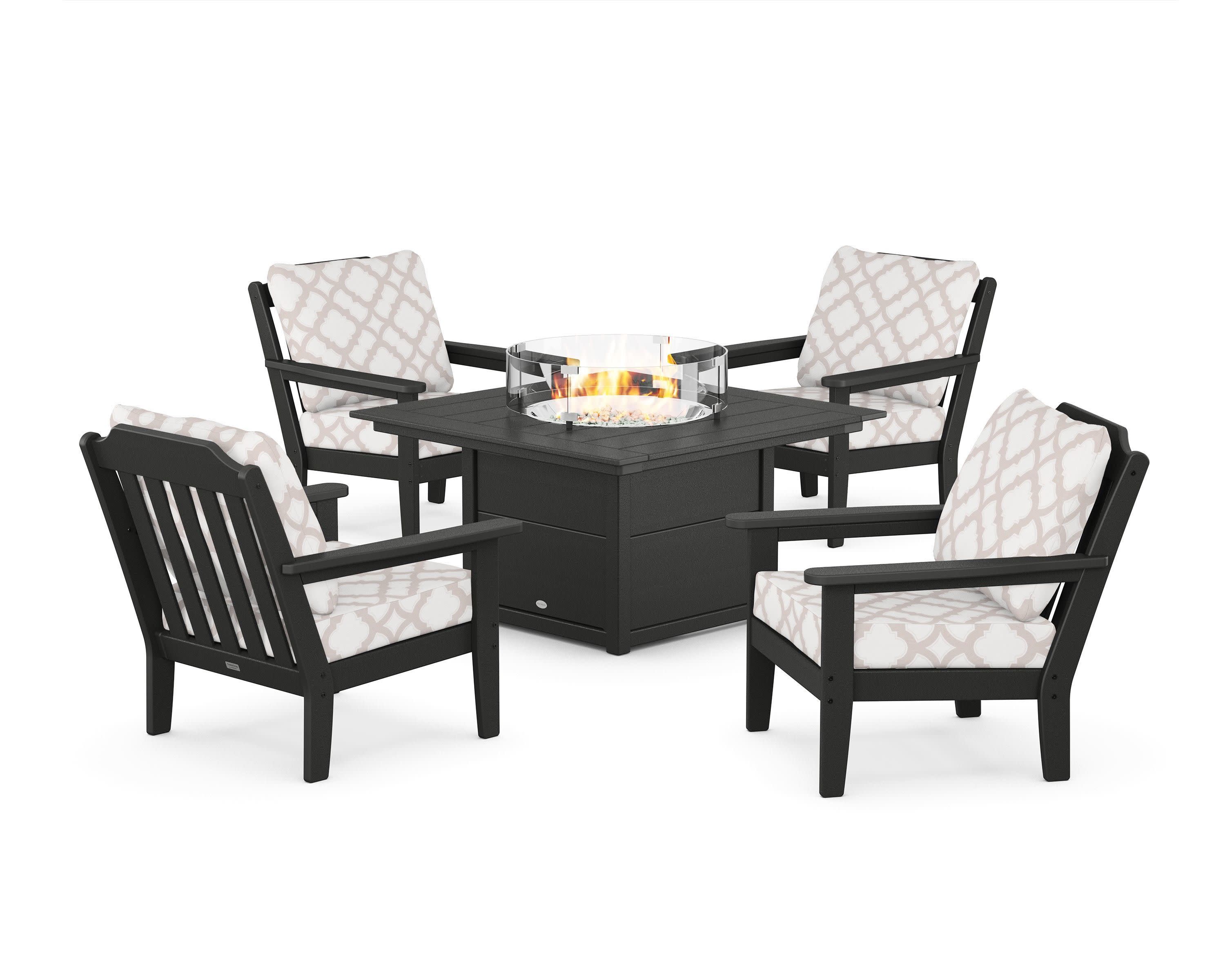 Cottage 5-Piece Deep Seating Set with Fire Pit Table in Black / Trellis Dune Burlap