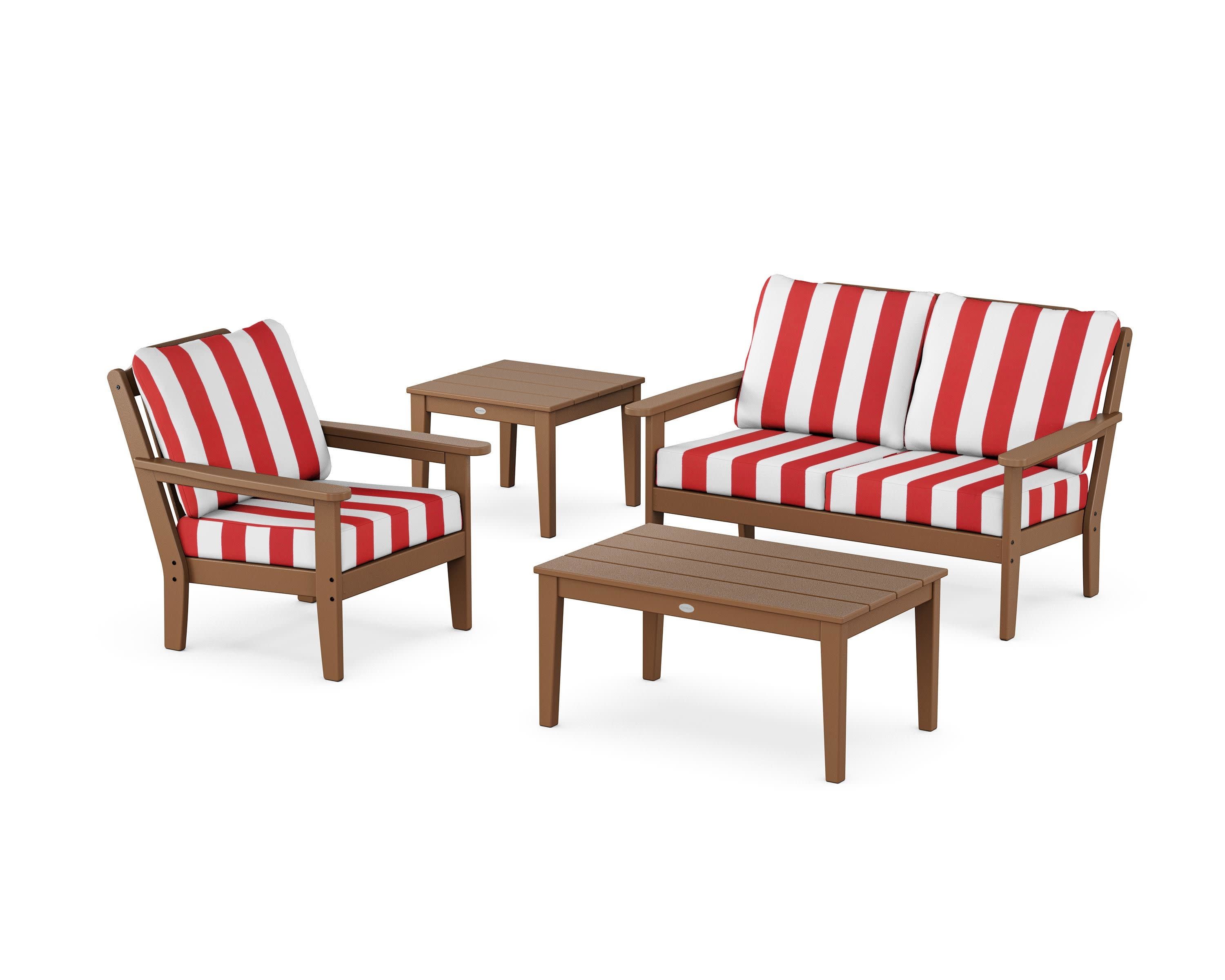 Wovendale 4-Piece Deep Seating Set in Teak / Cabana Stripe Crimson