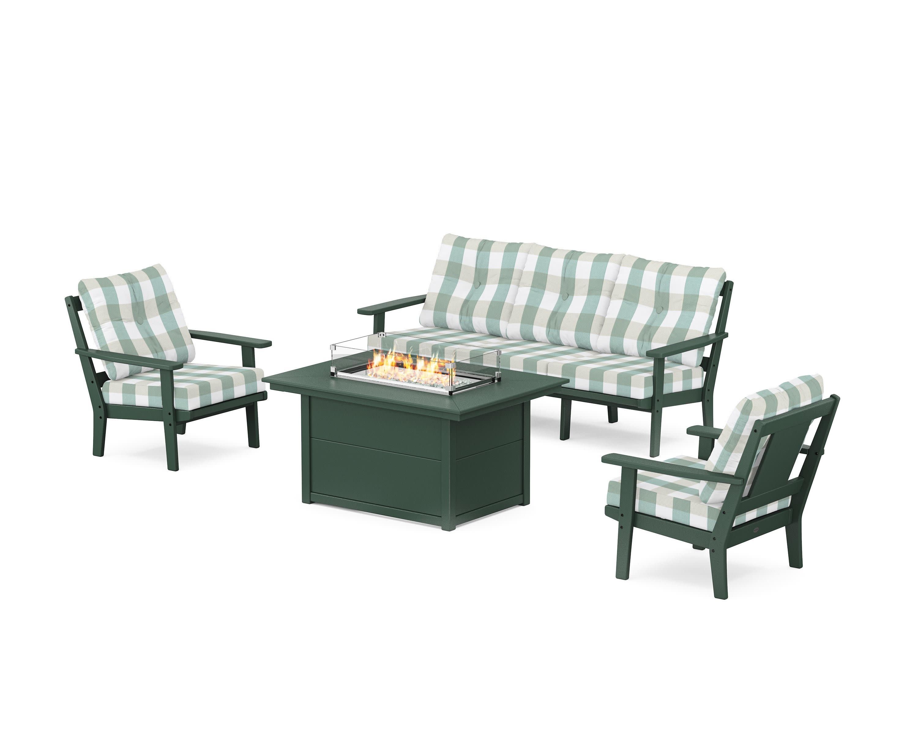 Prairie Deep Seating Fire Pit Table Set in Green / Buffalo Plaid Glacier Spa