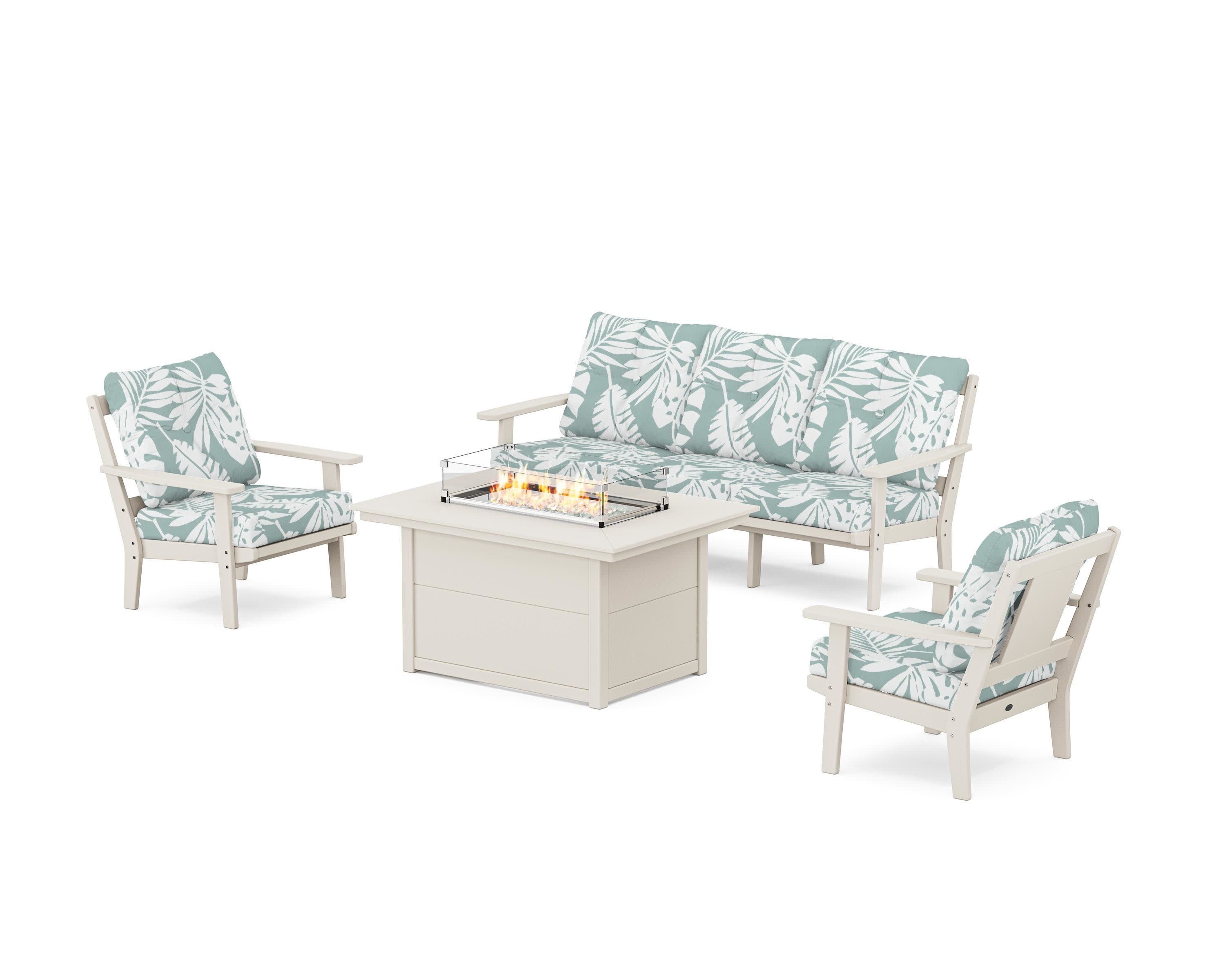 Prairie Deep Seating Fire Pit Table Set in Sand / Leaf Glacier Spa