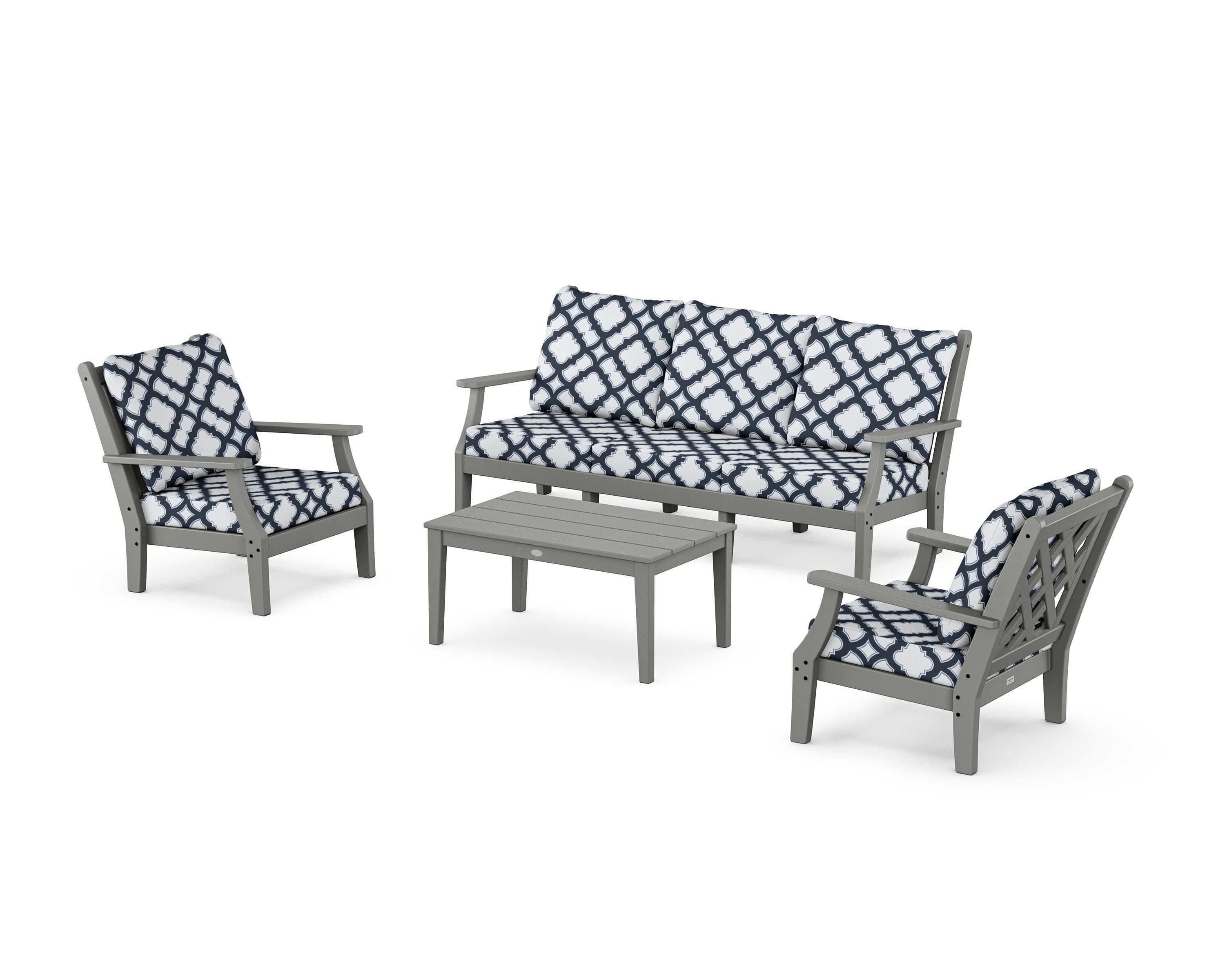 Wovendale 4-Piece Deep Seating Set with Sofa in Slate Grey / Trellis Marine Indigo