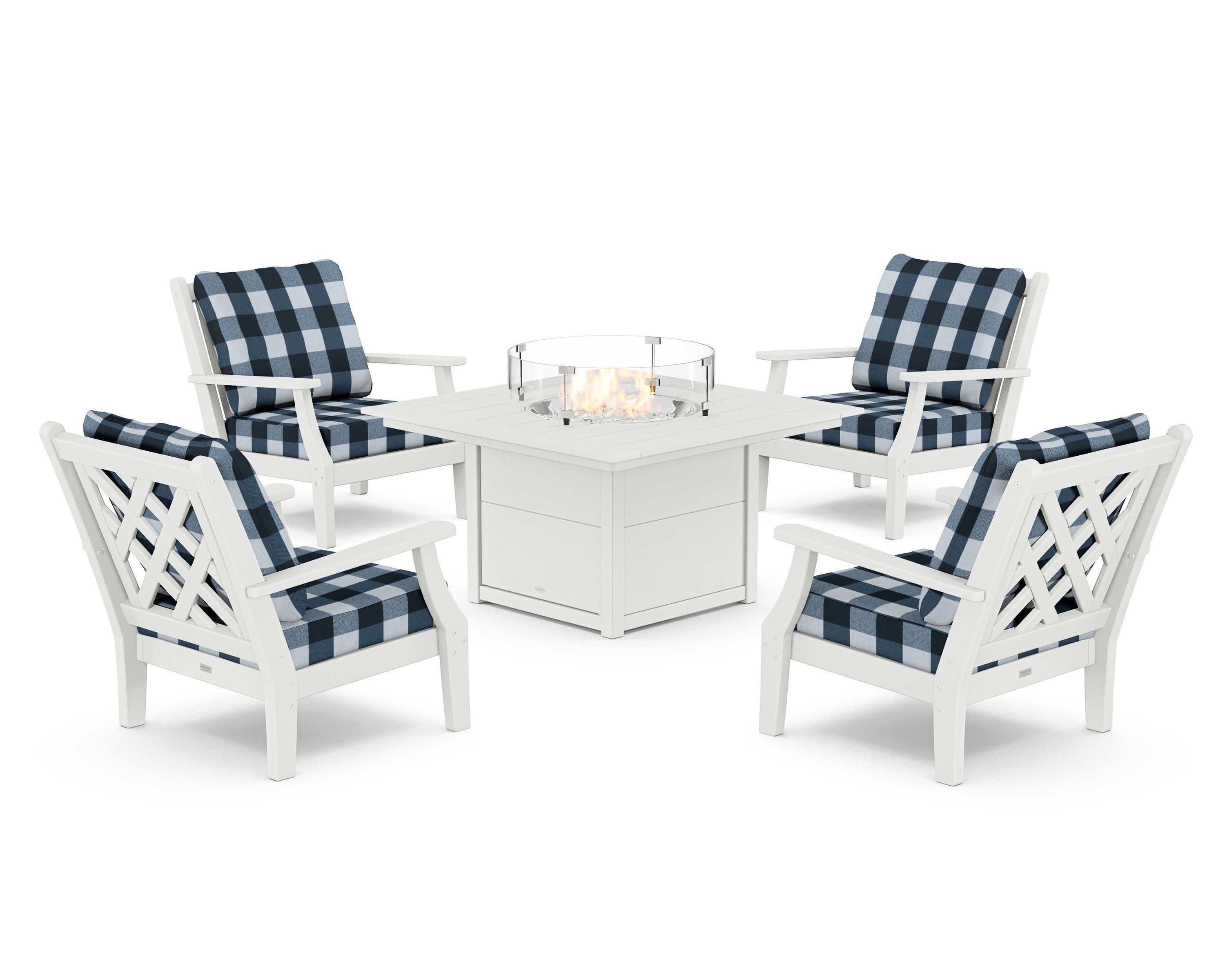 Wovendale 5-Piece Deep Seating Set with Fire Pit Table in White / Buffalo Plaid Marine Indigo