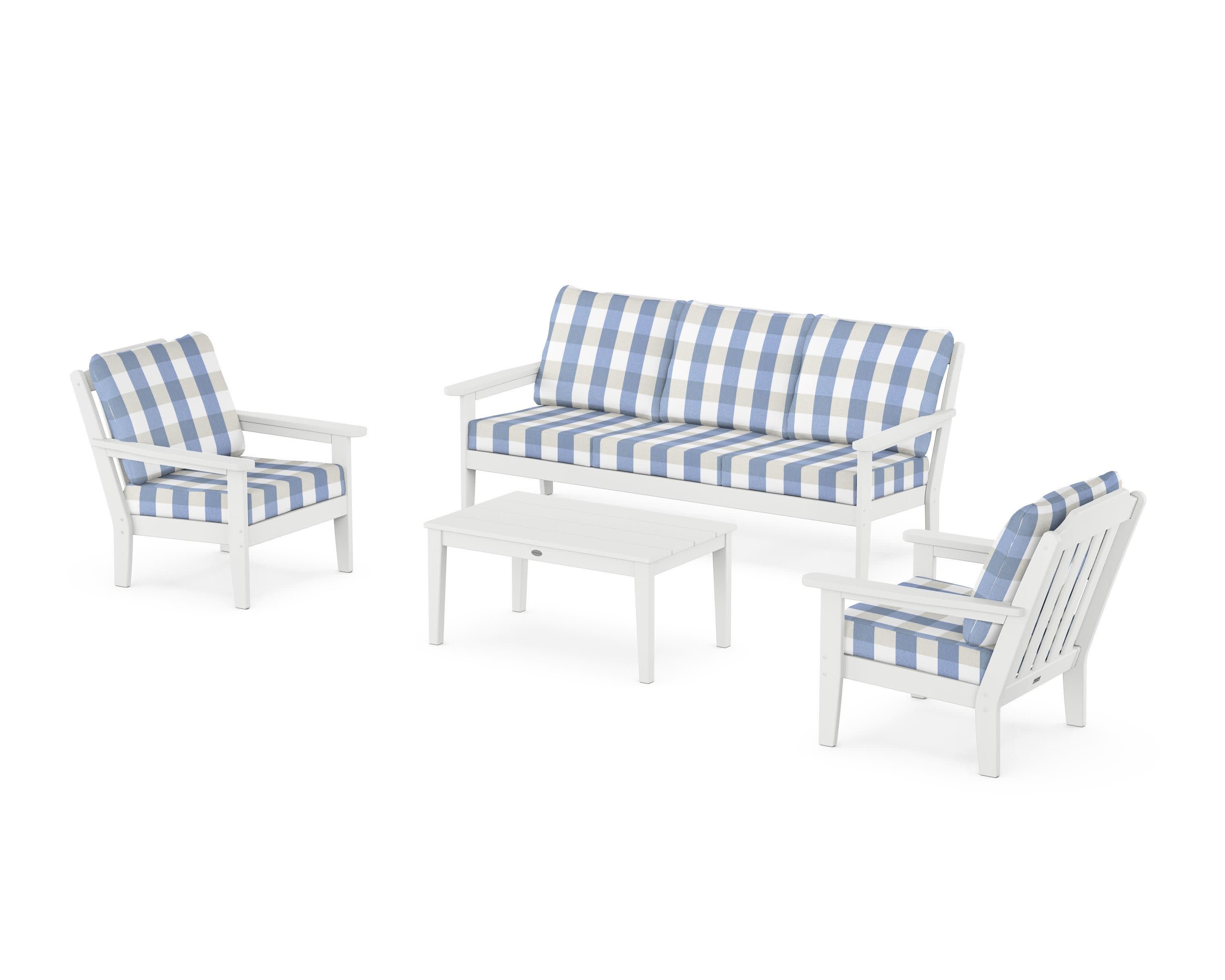 Cottage 4-Piece Deep Seating Set with Sofa in White / Buffalo Plaid Sky Blue