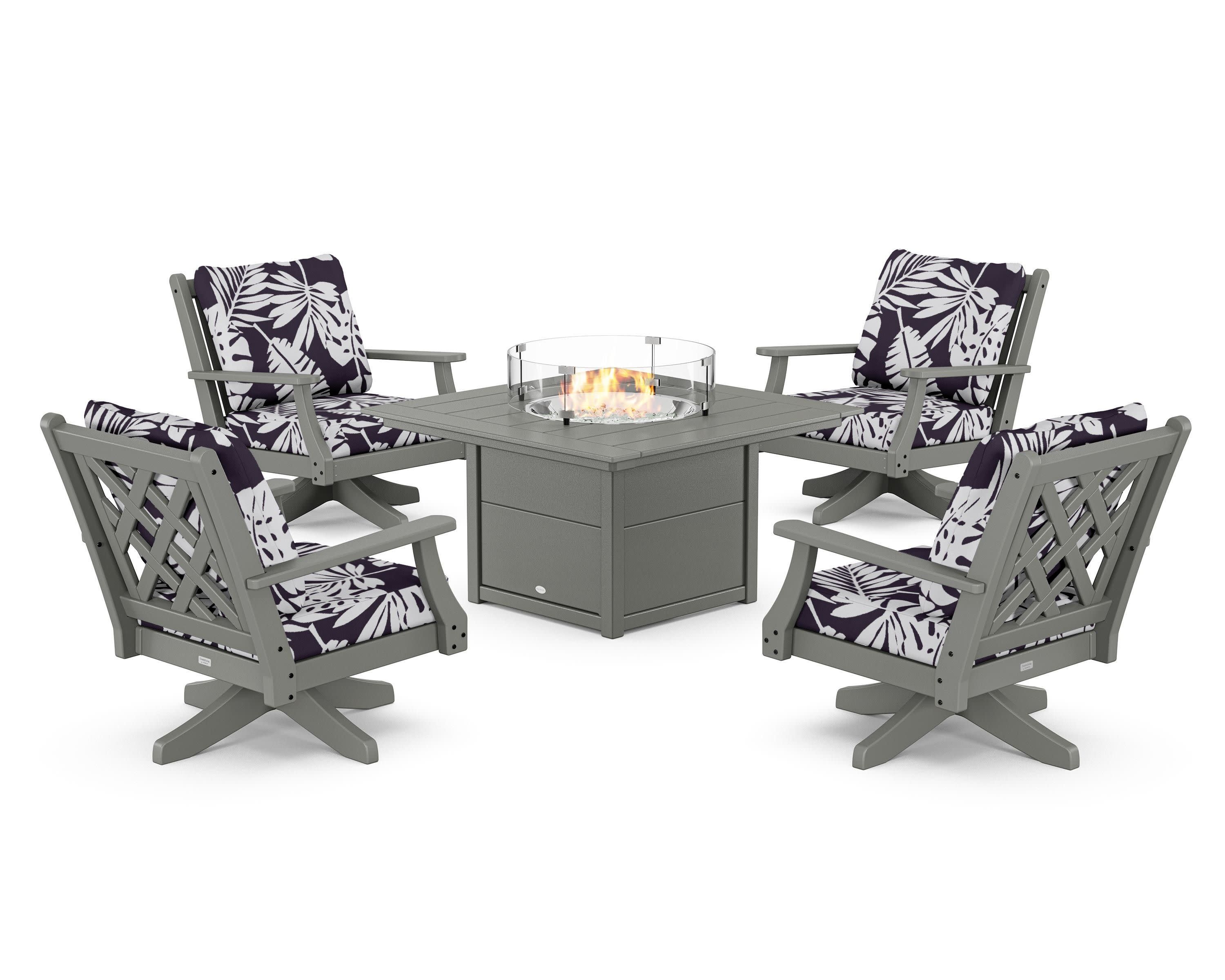 Wovendale 5-Piece Deep Seating Swivel Conversation Set with Fire Pit Table in Slate Grey / Leaf Navy