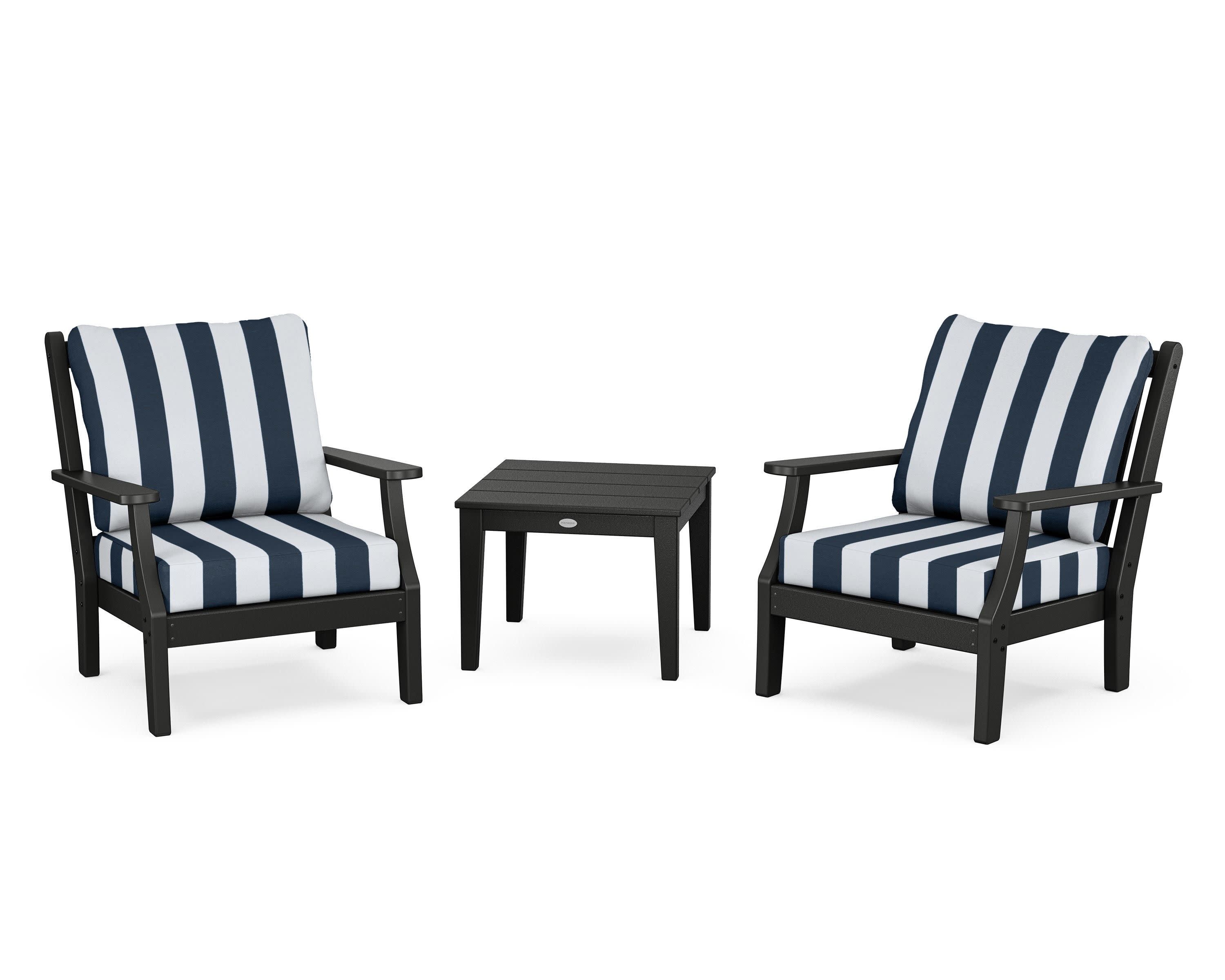 Wovendale 3-Piece Deep Seating Set in Black / Cabana Stripe Marine Indigo