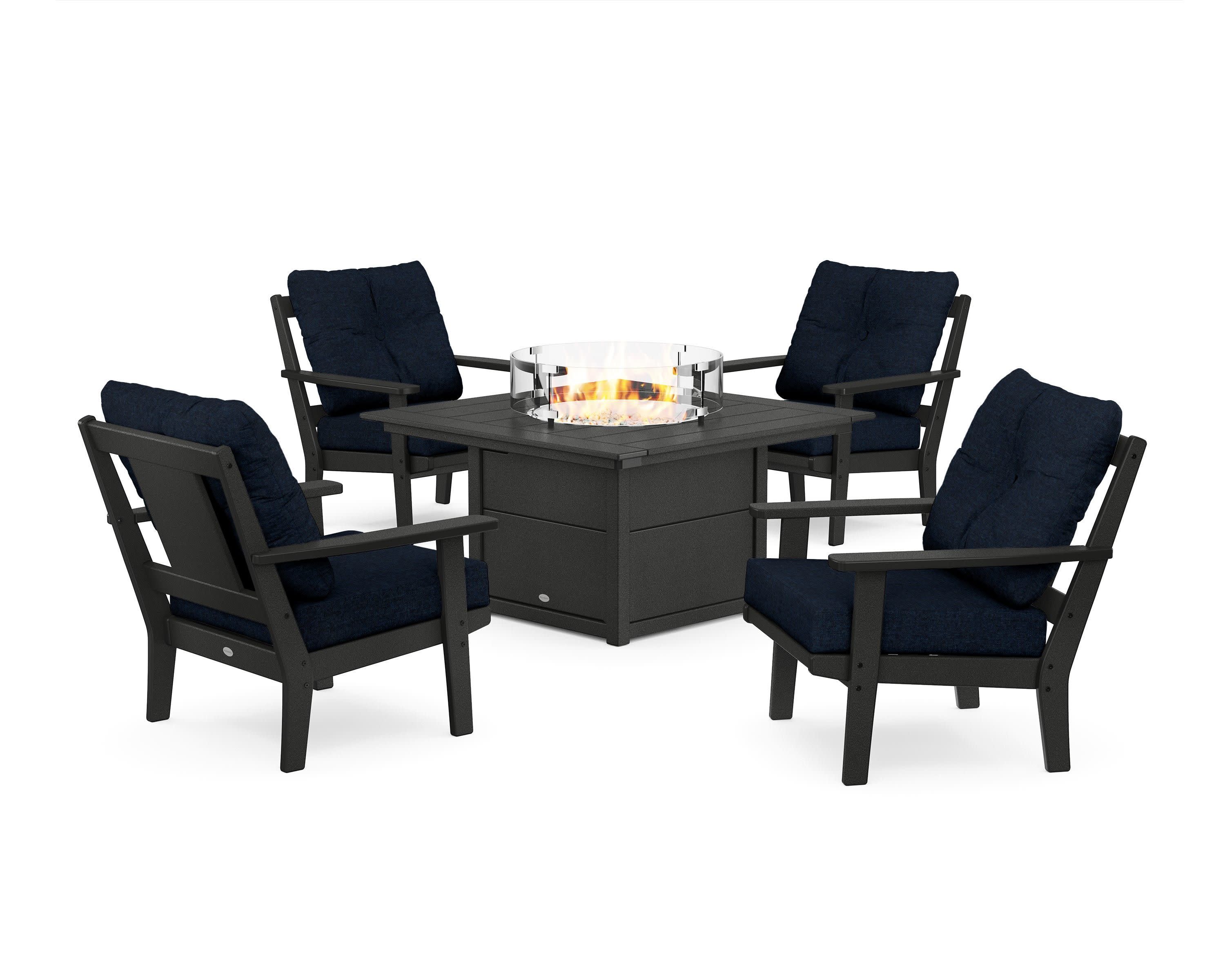 Prairie 5-Piece Deep Seating Set with Fire Pit Table in Black / Marine Indigo