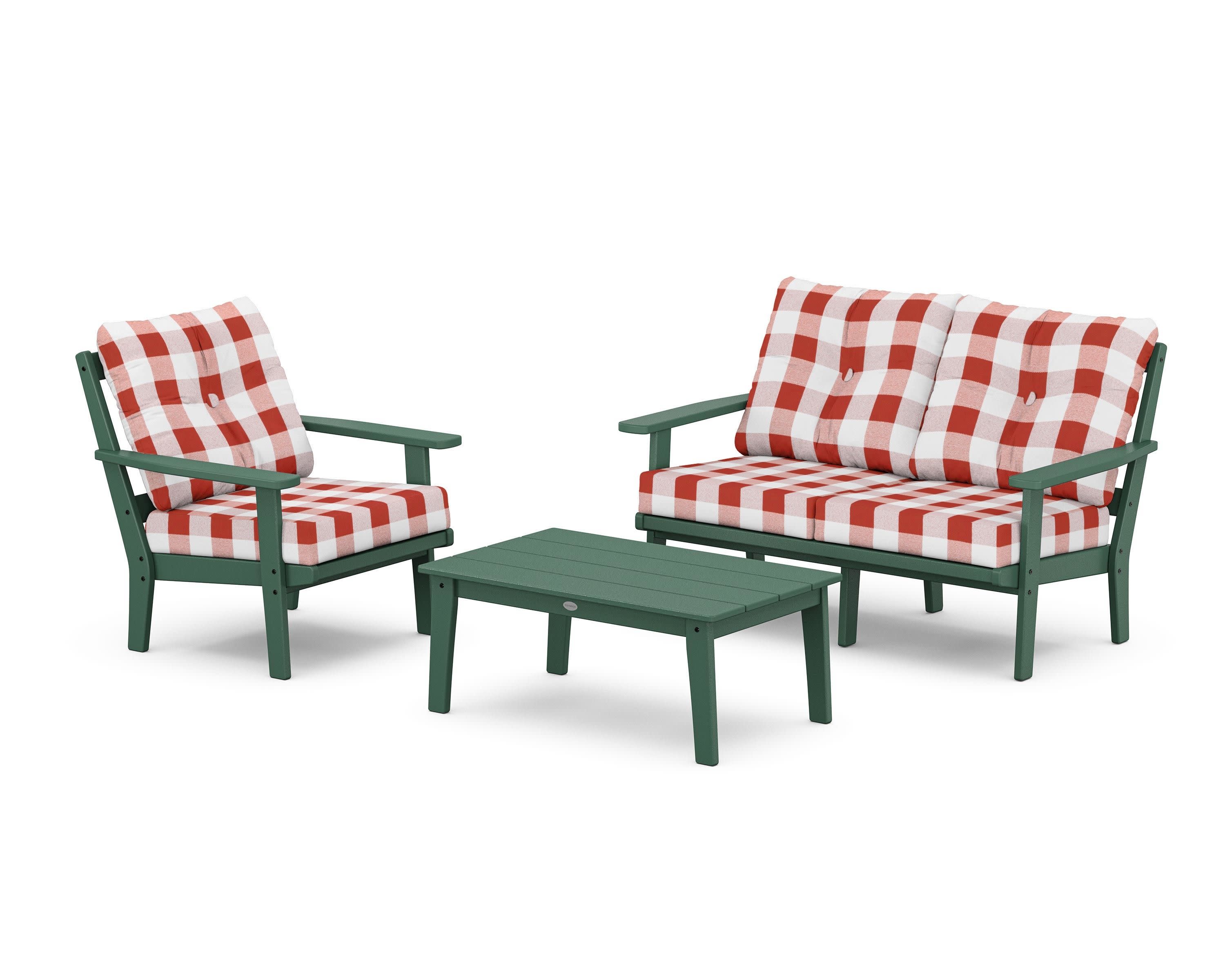 Prairie 3-Piece Deep Seating Set with Loveseat in Green / Buffalo Plaid Crimson