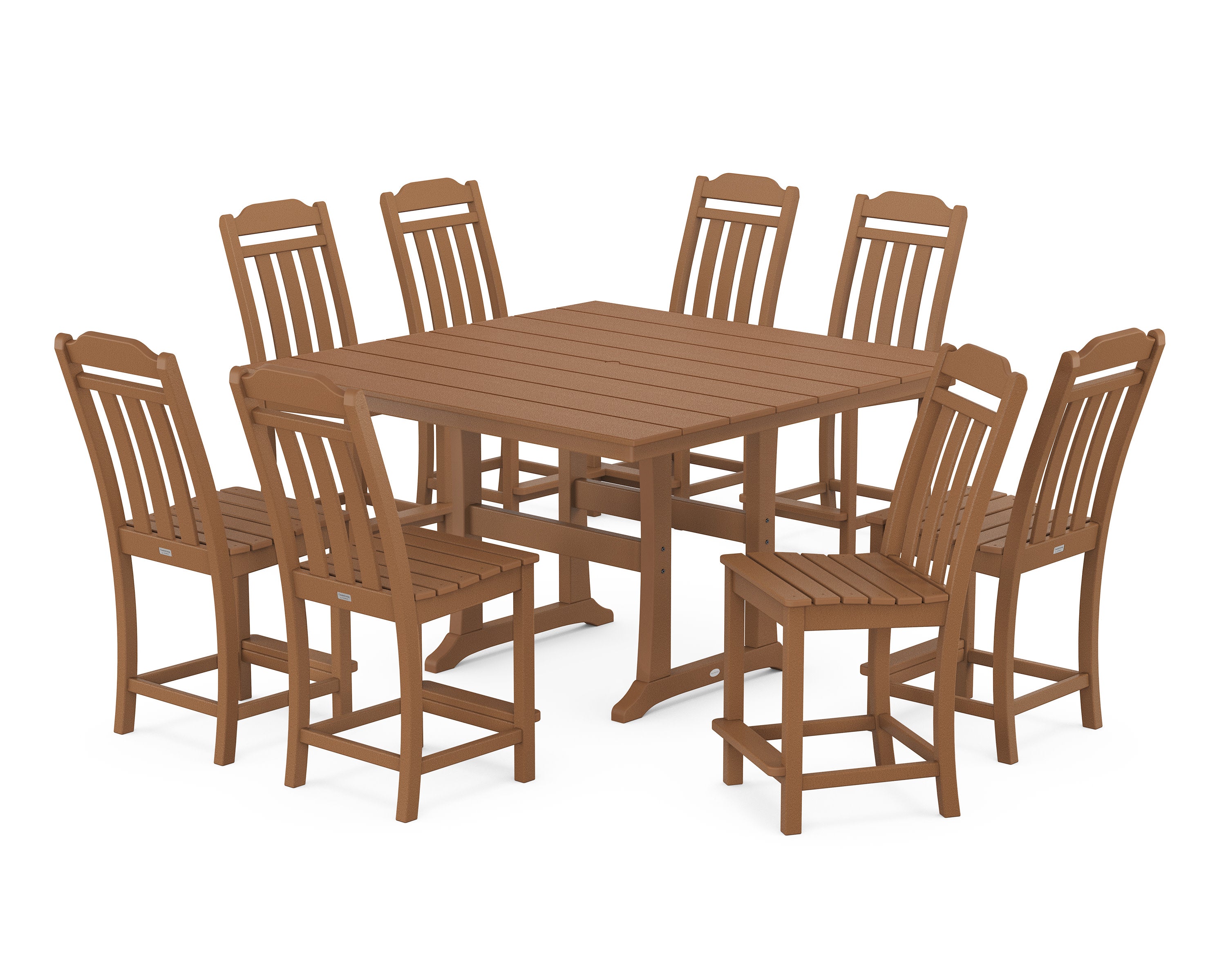 Cottage 9-Piece Square Farmhouse Side Chair Counter Set with Trestle Legs in Teak