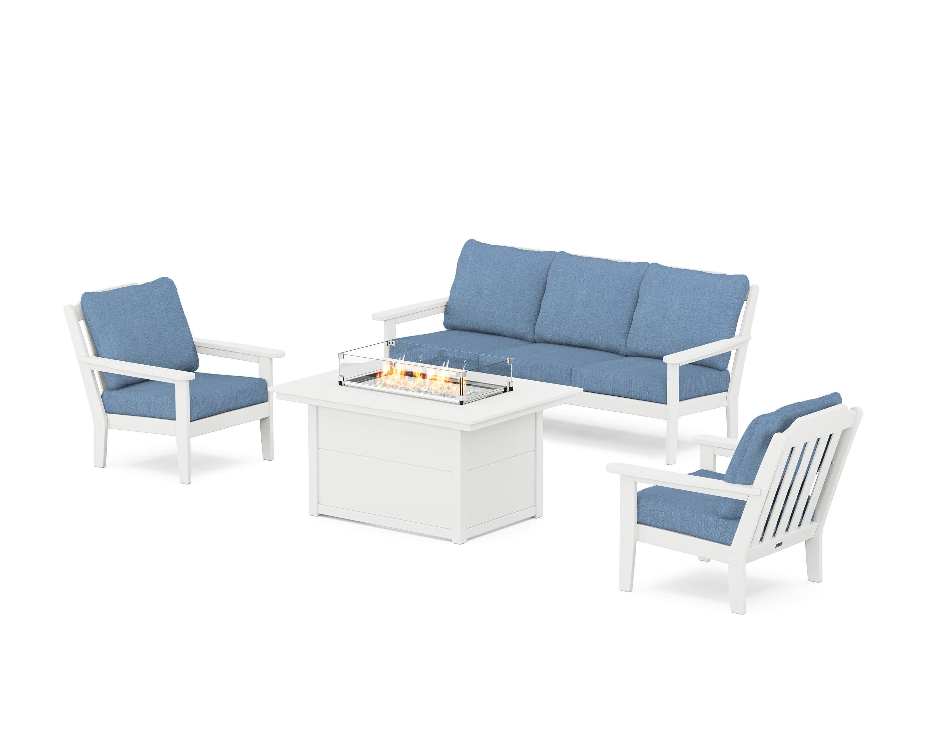 Cottage Deep Seating Fire Pit Table Set in White / Sky Blue