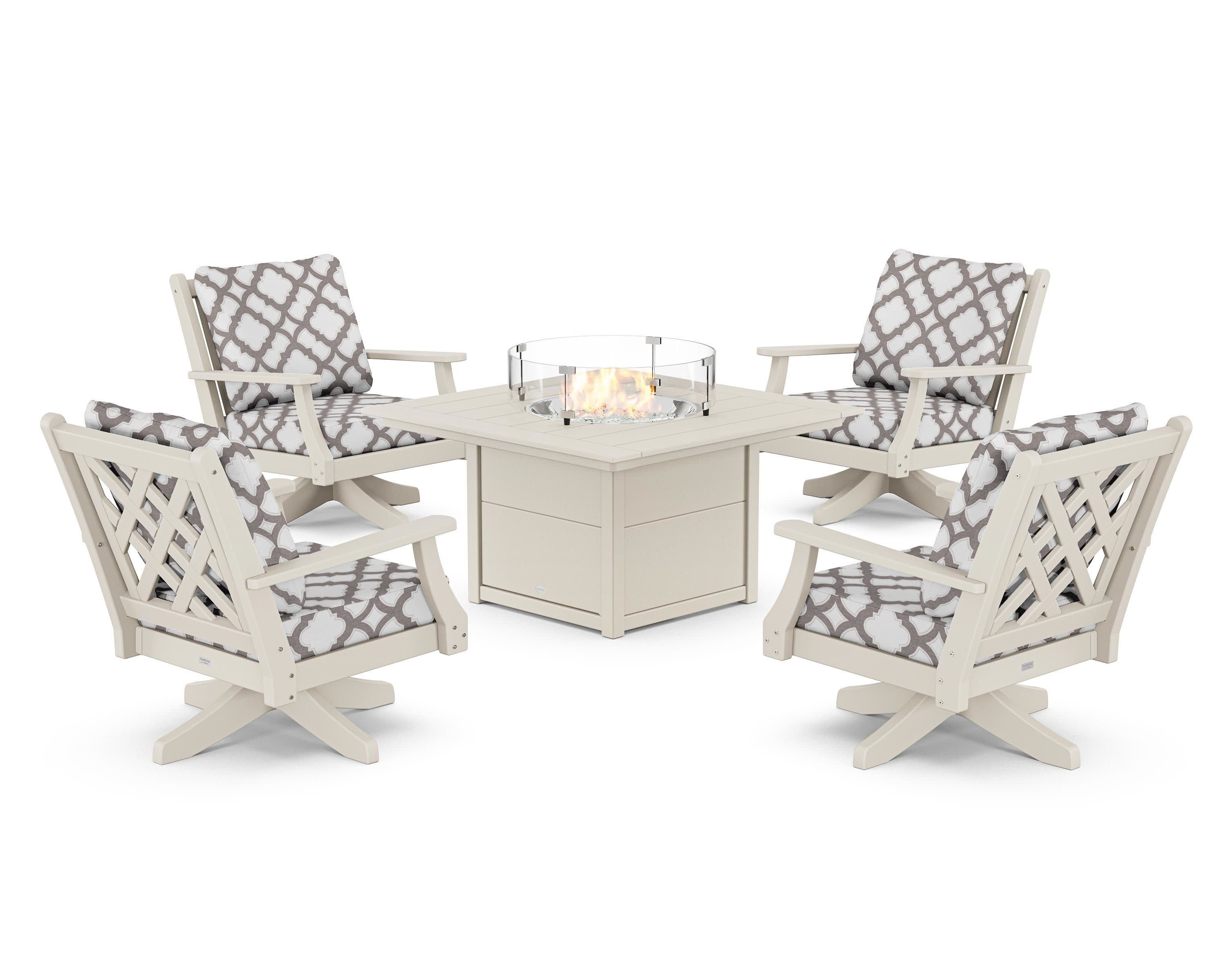 Wovendale 5-Piece Deep Seating Swivel Conversation Set with Fire Pit Table in Sand / Trellis Grey Mist