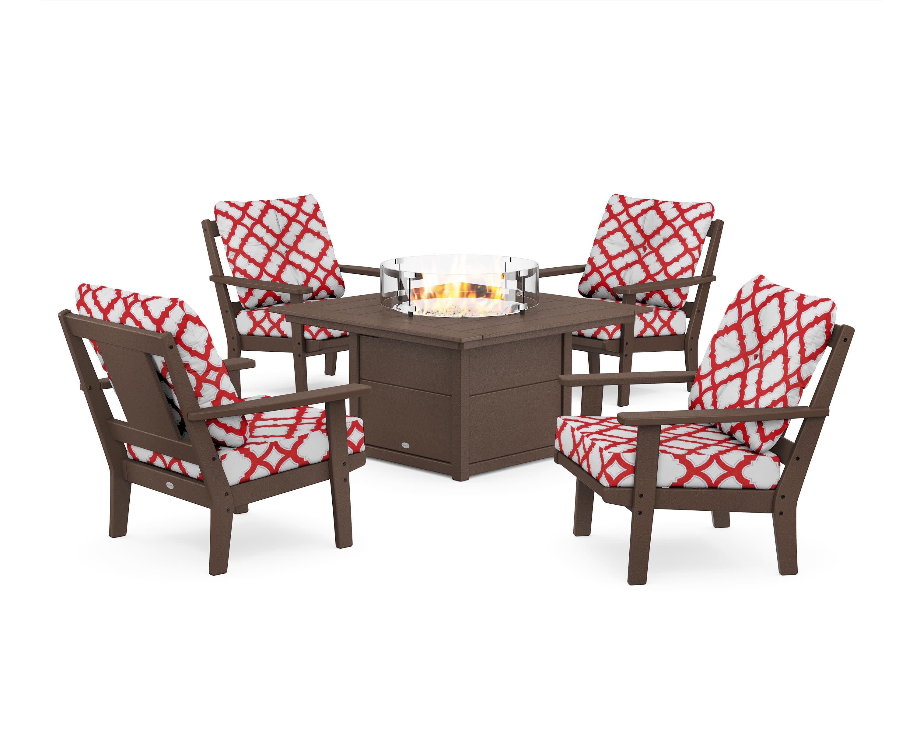 Prairie 5-Piece Deep Seating Set with Fire Pit Table in Mahogany / Trellis Crimson