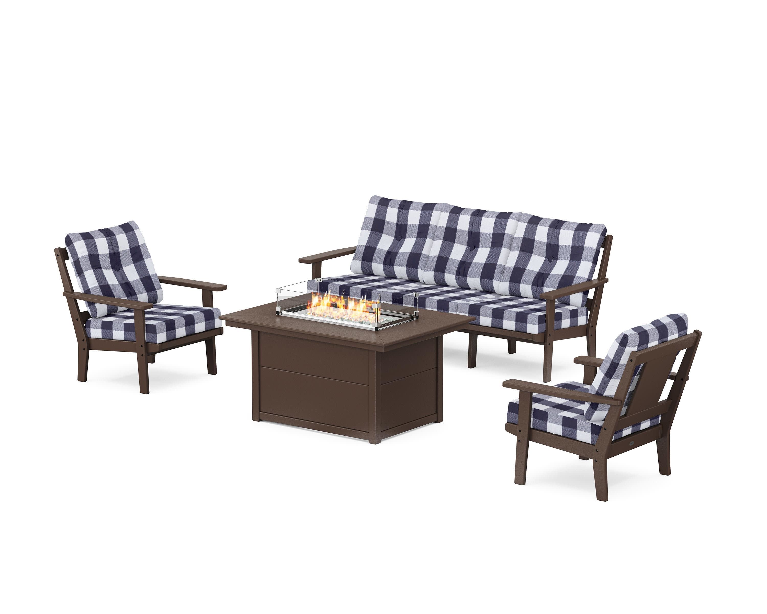Prairie Deep Seating Fire Pit Table Set in Mahogany / Buffalo Plaid Navy