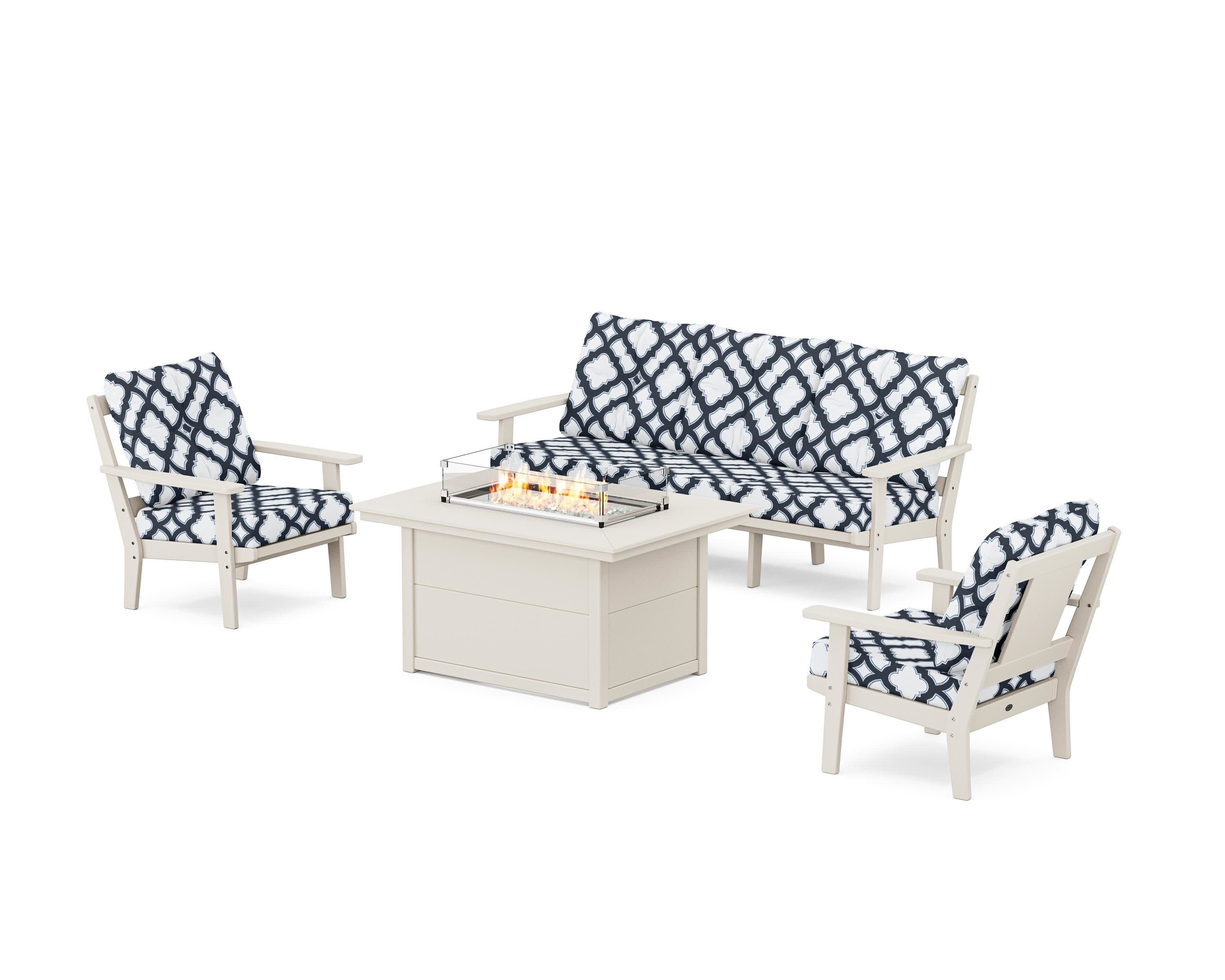 Prairie Deep Seating Fire Pit Table Set in Sand / Trellis Marine Indigo