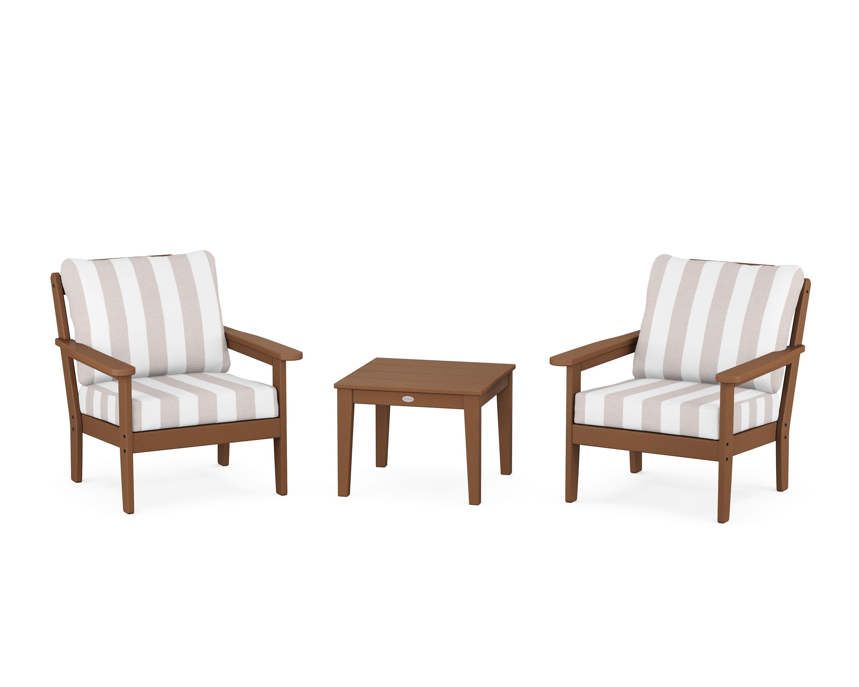 Cottage 3-Piece Deep Seating Set in Teak / Cabana Stripe Dune Burlap