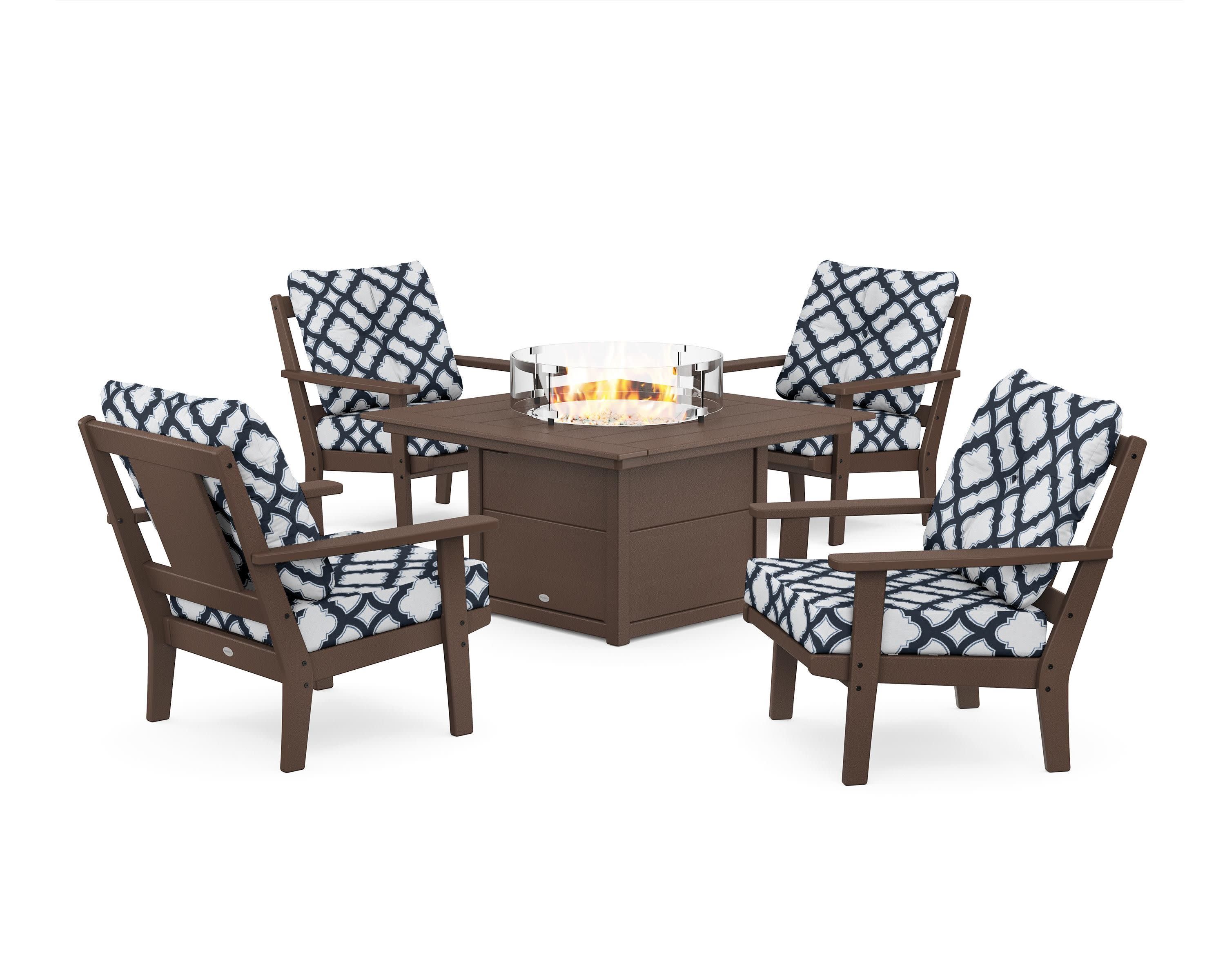 Prairie 5-Piece Deep Seating Set with Fire Pit Table in Mahogany / Trellis Marine Indigo