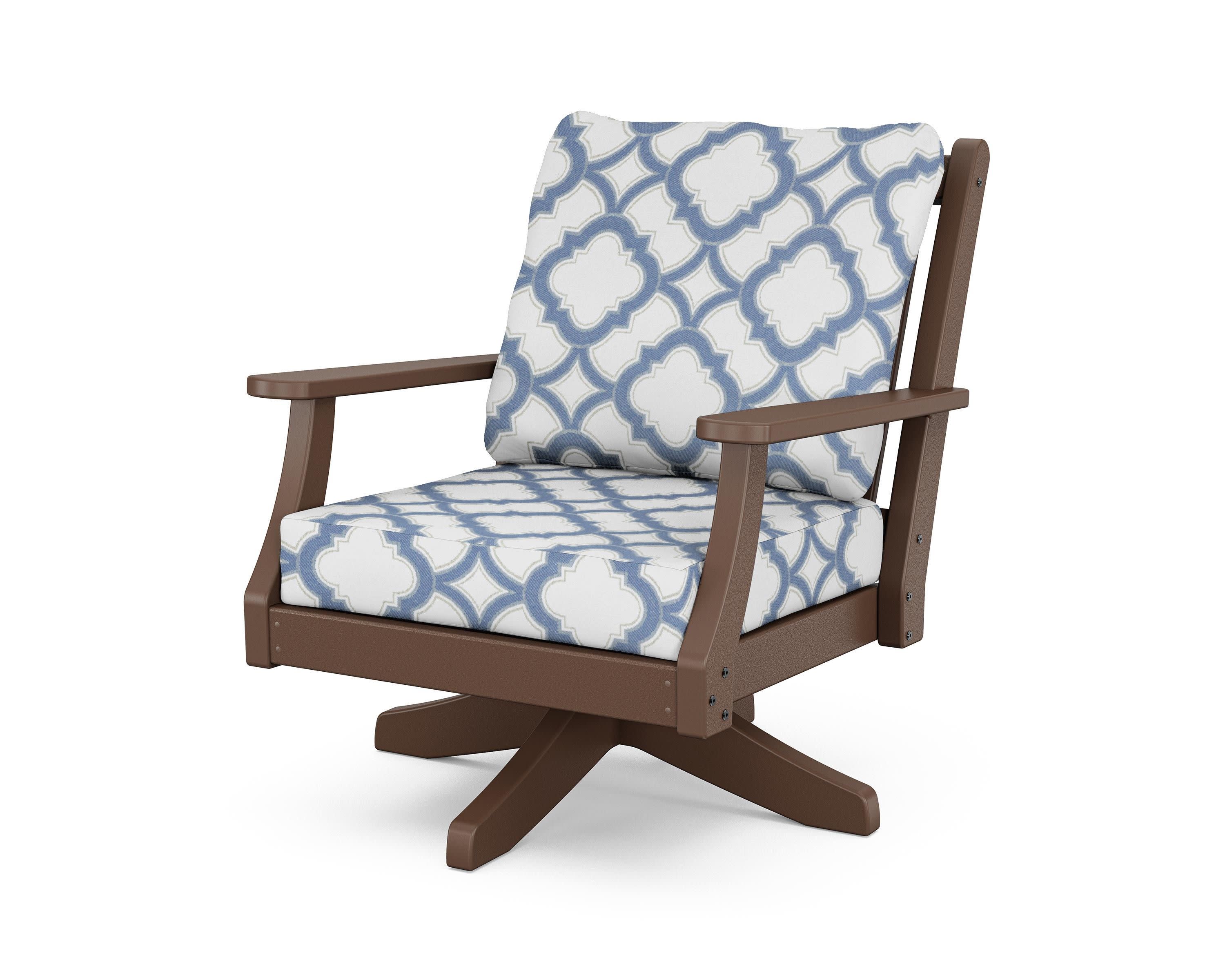 Wovendale Deep Seating Swivel Chair in Mahogany / Trellis Sky Blue
