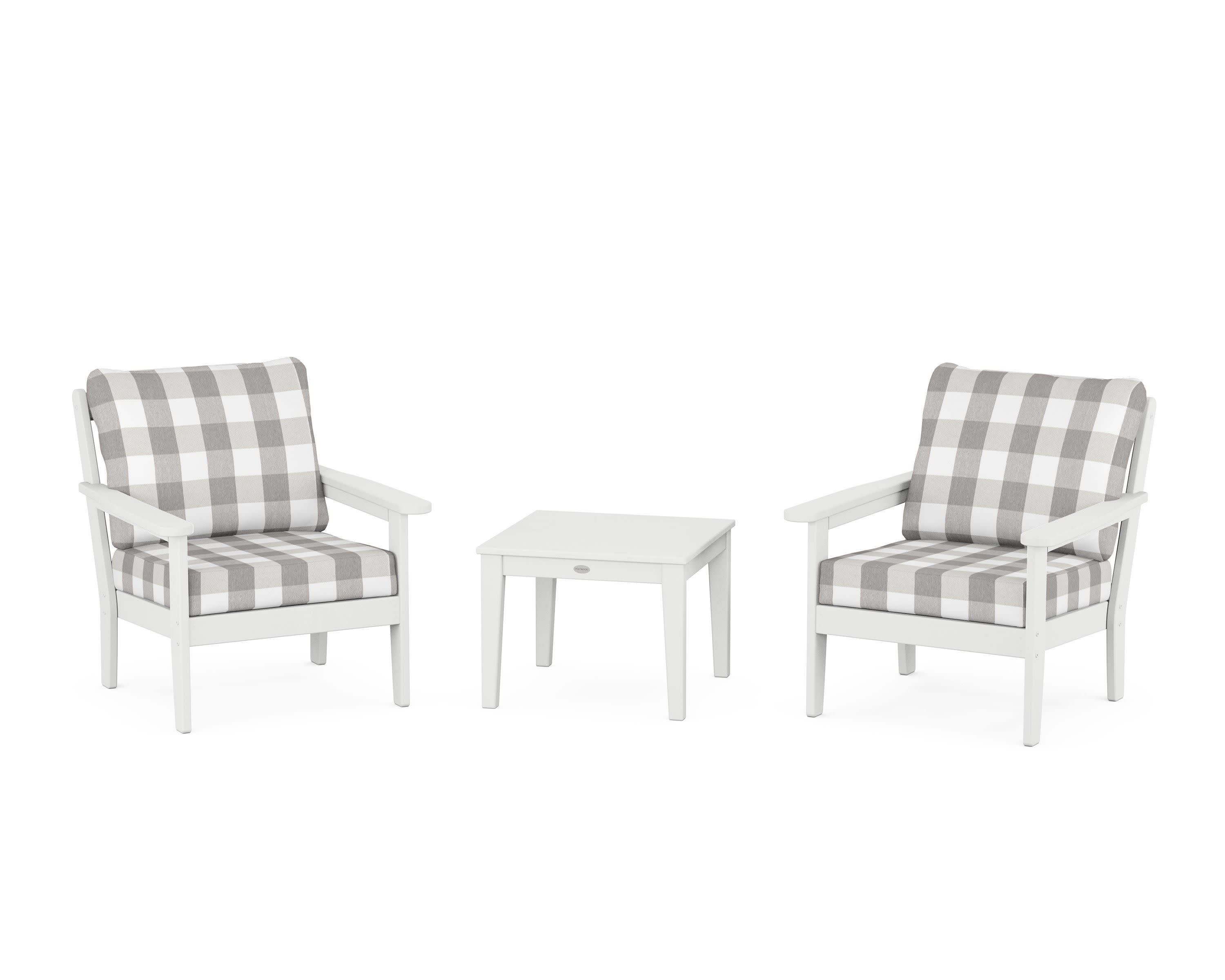 Cottage 3-Piece Deep Seating Set in White / Buffalo Plaid Grey Mist
