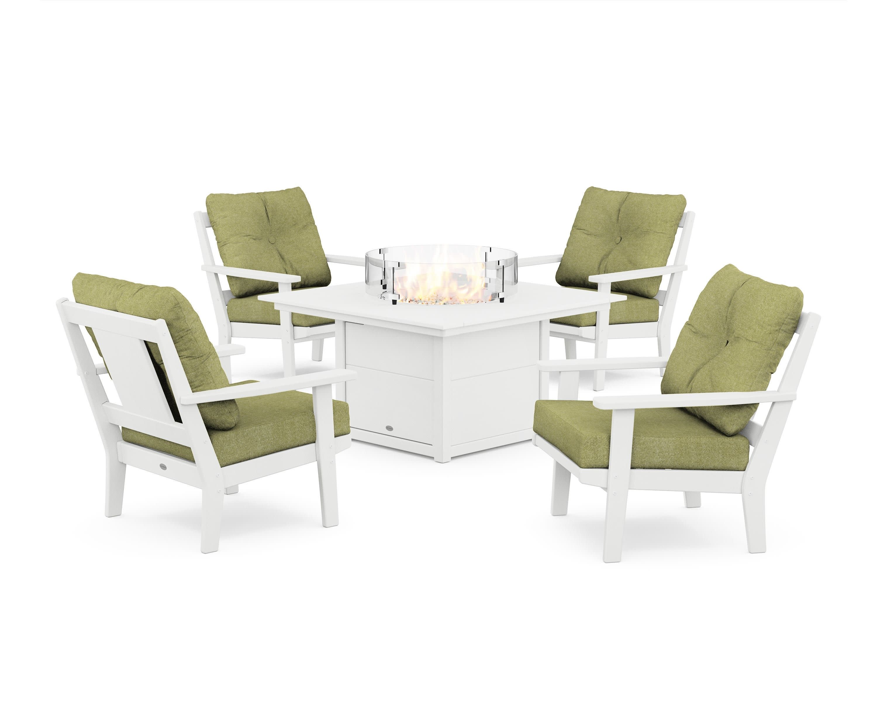 Prairie 5-Piece Deep Seating Set with Fire Pit Table in White / Chartreuse Boucle