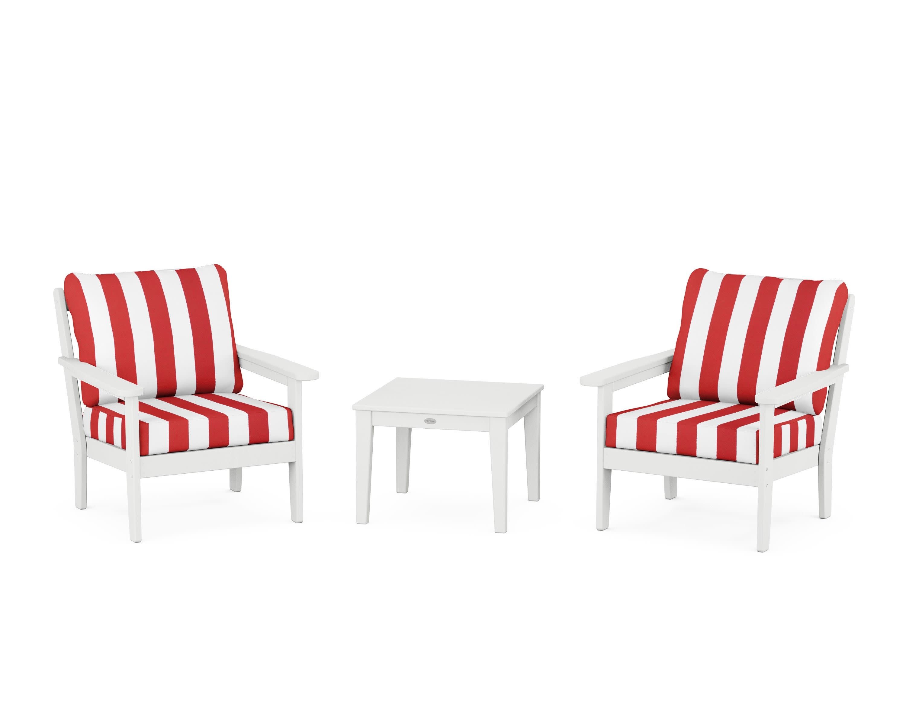 Cottage 3-Piece Deep Seating Set in White / Cabana Stripe Crimson