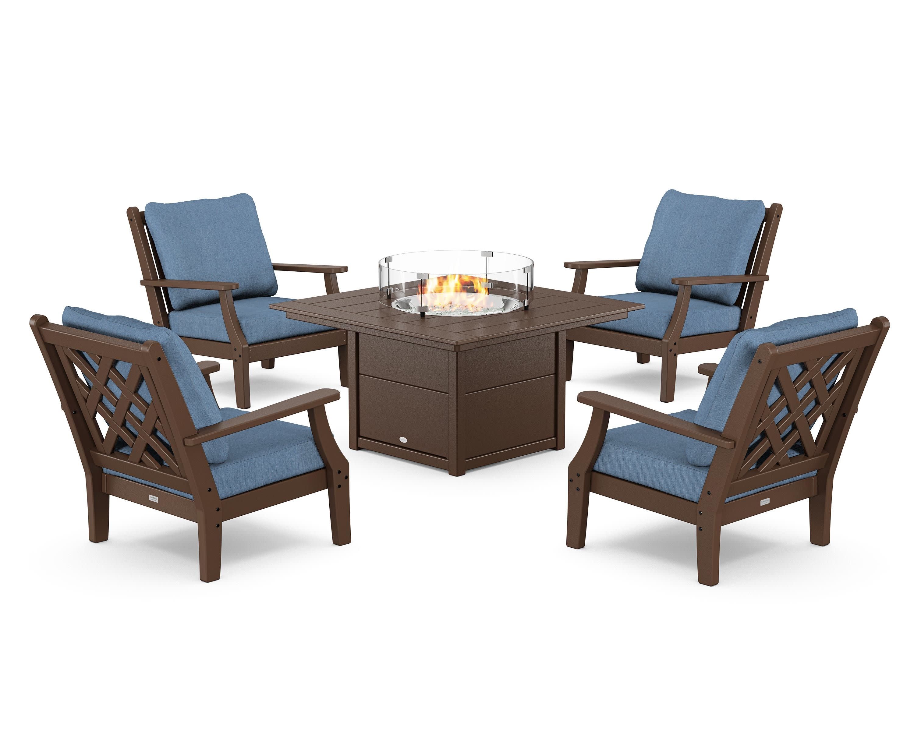 Wovendale 5-Piece Deep Seating Set with Fire Pit Table in Mahogany / Sky Blue