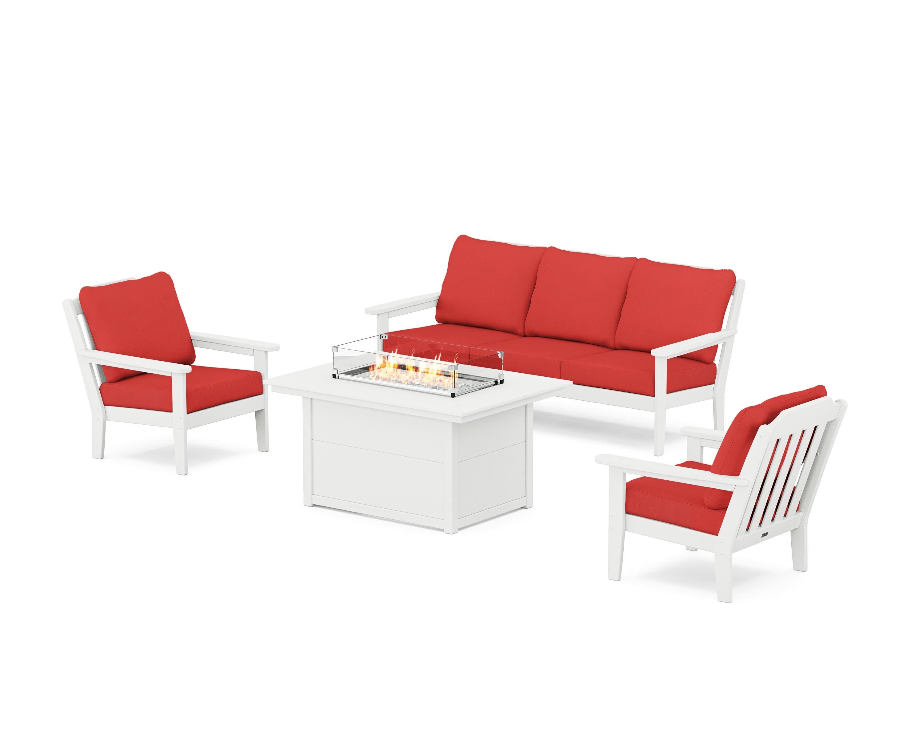 Cottage Deep Seating Fire Pit Table Set in White / Crimson Linen