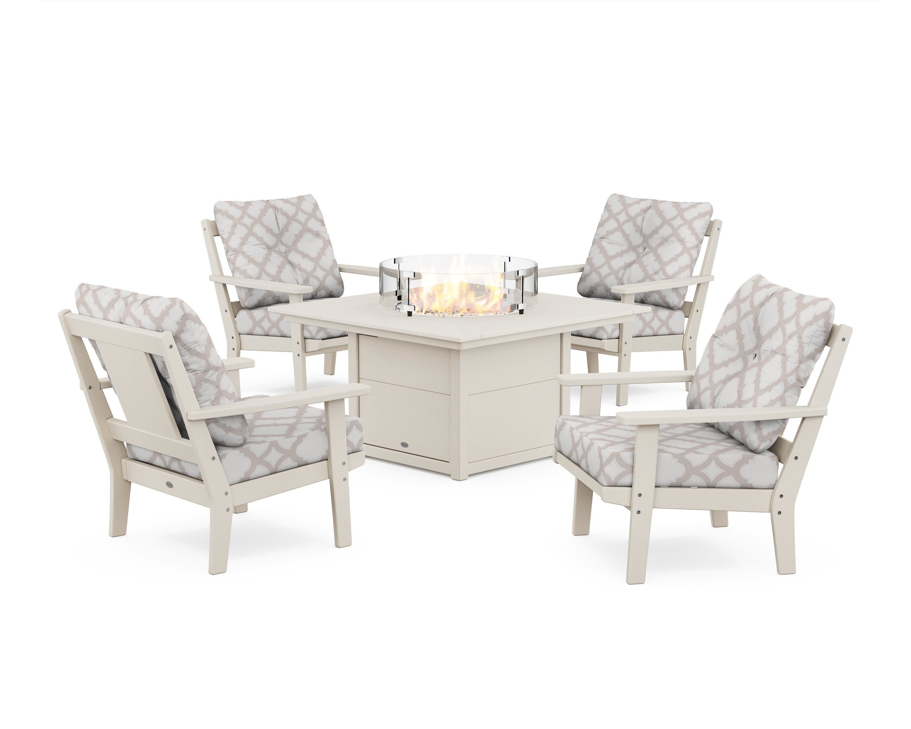 Prairie 5-Piece Deep Seating Set with Fire Pit Table in Sand / Trellis Dune Burlap