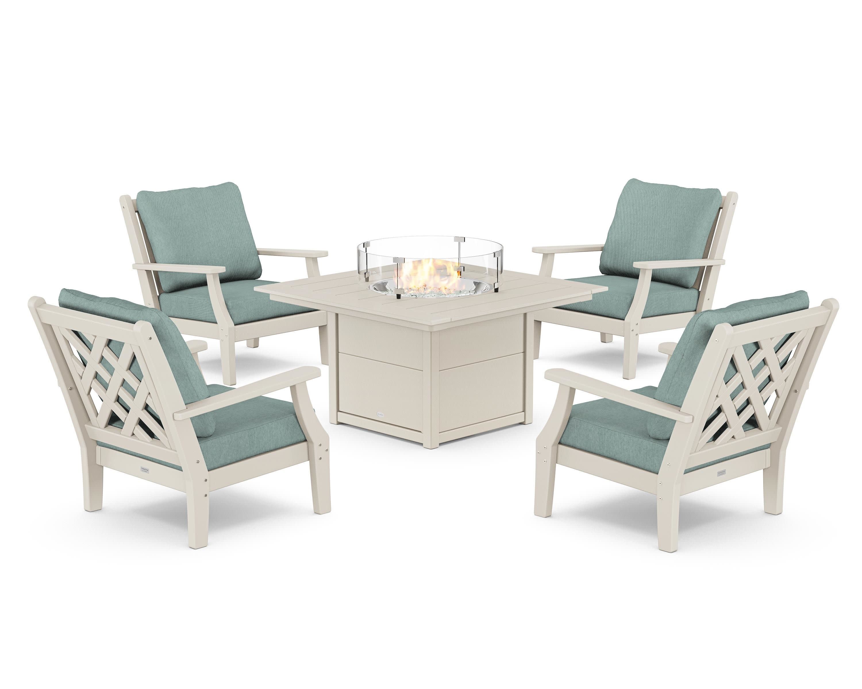 Wovendale 5-Piece Deep Seating Set with Fire Pit Table in Sand / Glacier Spa