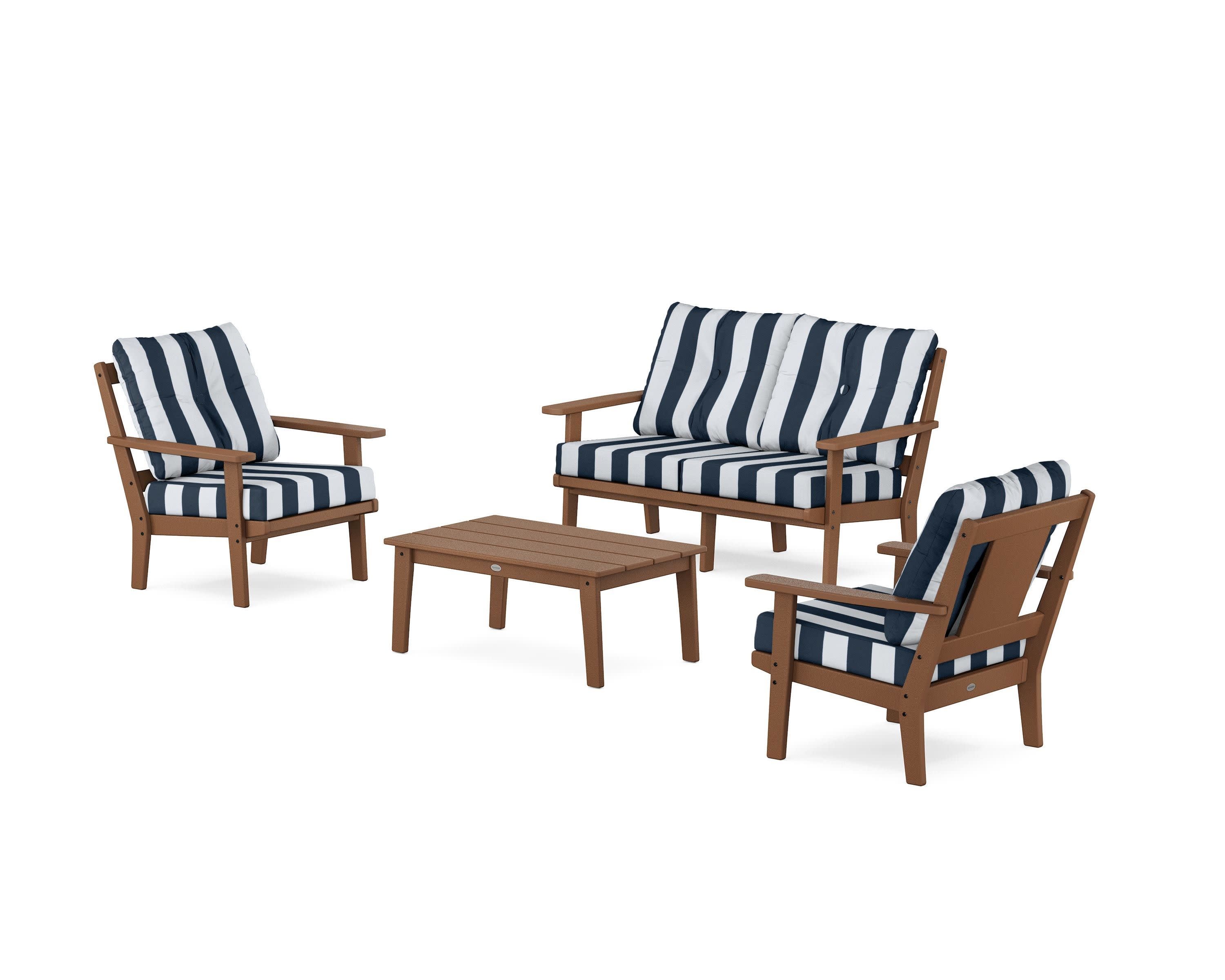 Prairie 4-Piece Deep Seating Set with Loveseat in Teak / Cabana Stripe Marine Indigo