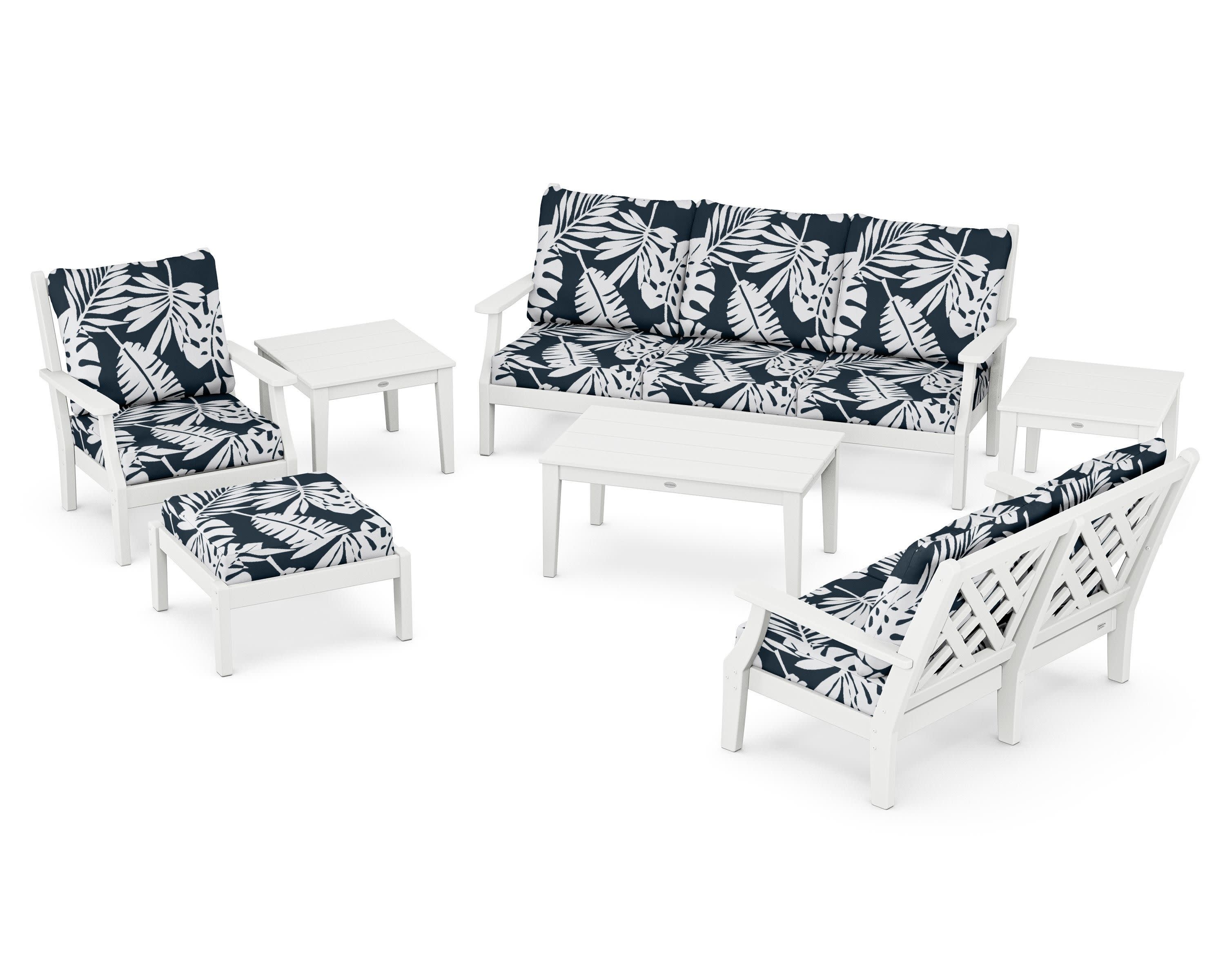 Wovendale 7-Piece Deep Seating Set in White / Leaf Marine Indigo
