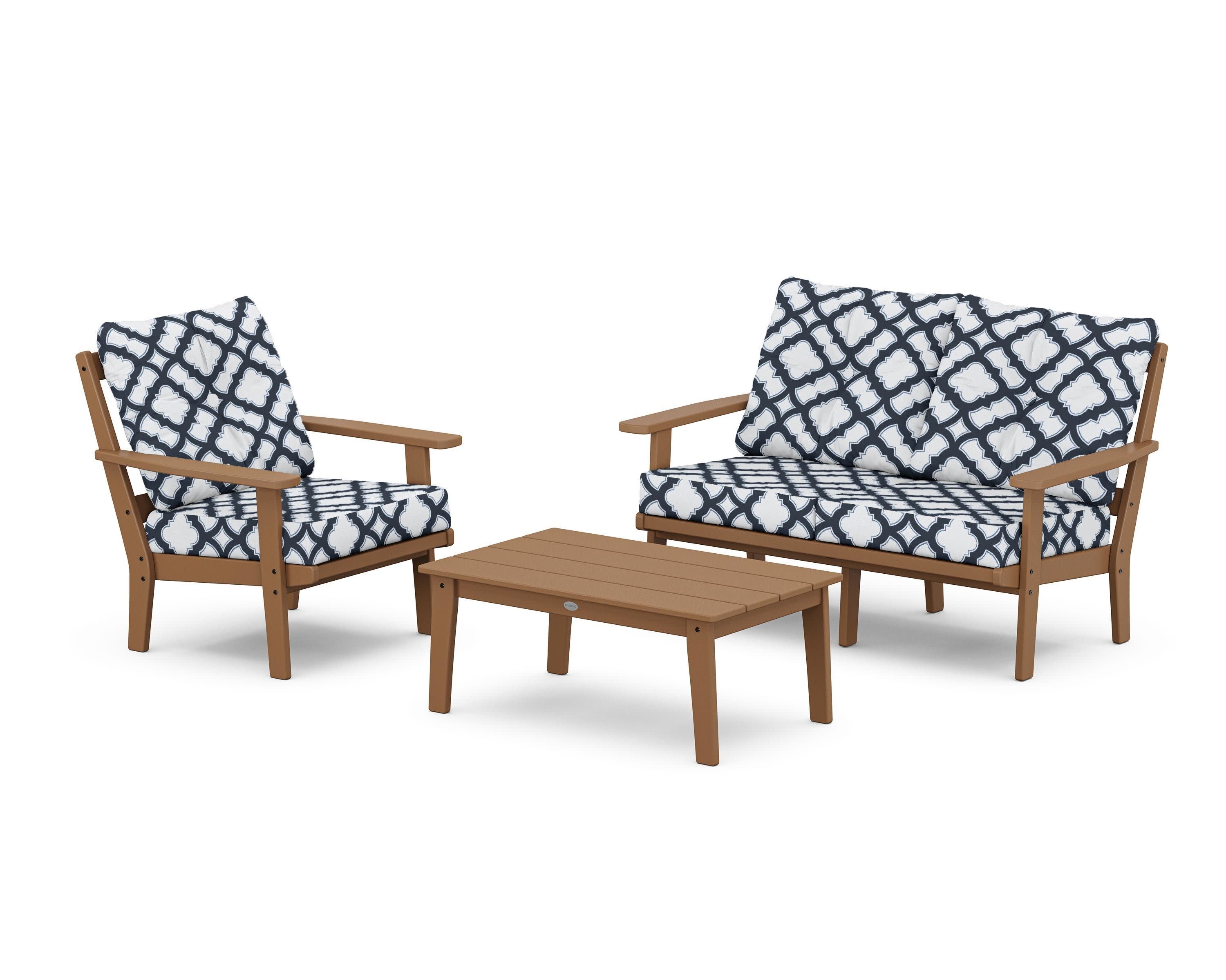 Prairie 3-Piece Deep Seating Set with Loveseat in Teak / Trellis Marine Indigo