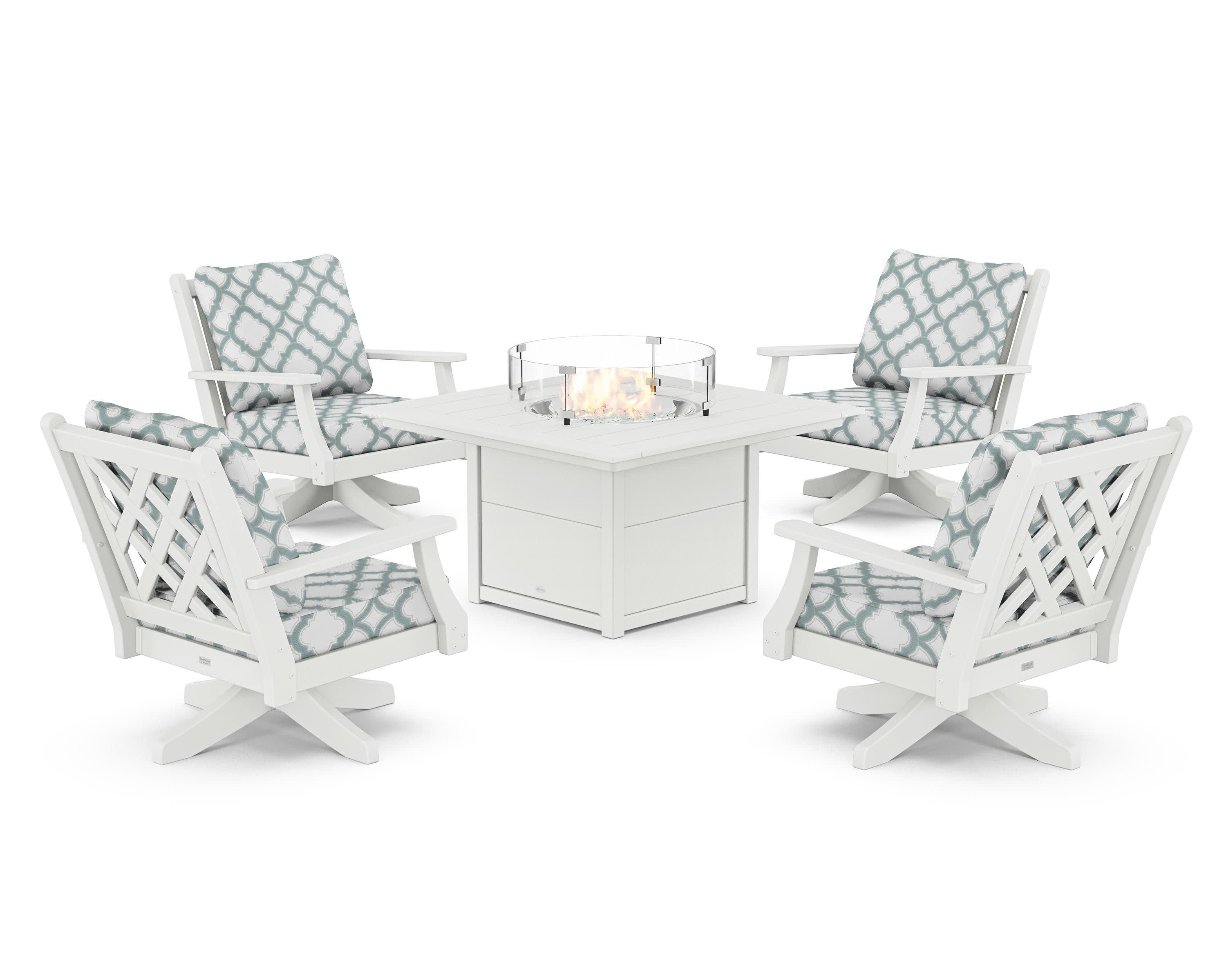 Wovendale 5-Piece Deep Seating Swivel Conversation Set with Fire Pit Table in White / Trellis Glacier Spa