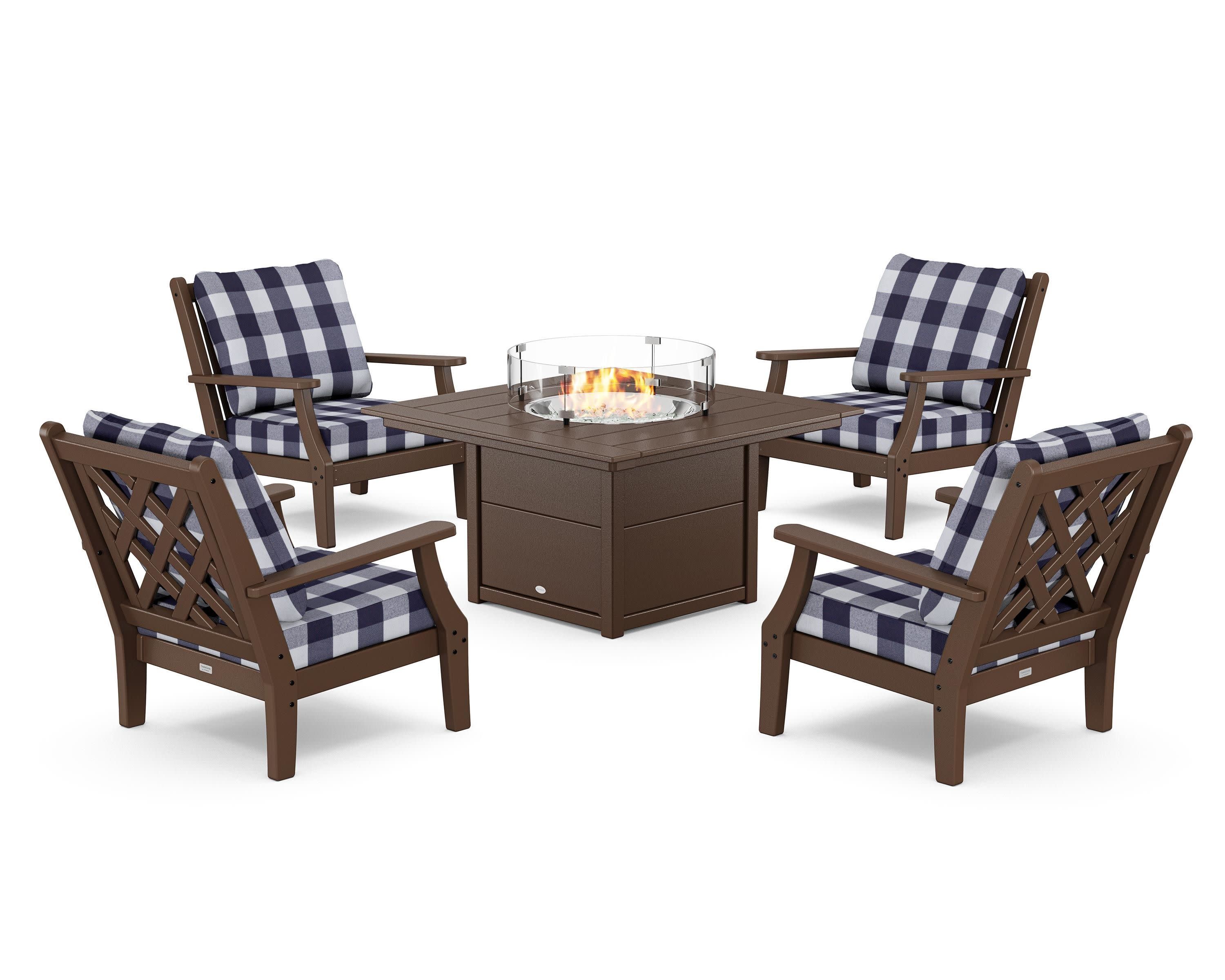 Wovendale 5-Piece Deep Seating Set with Fire Pit Table in Mahogany / Buffalo Plaid Navy