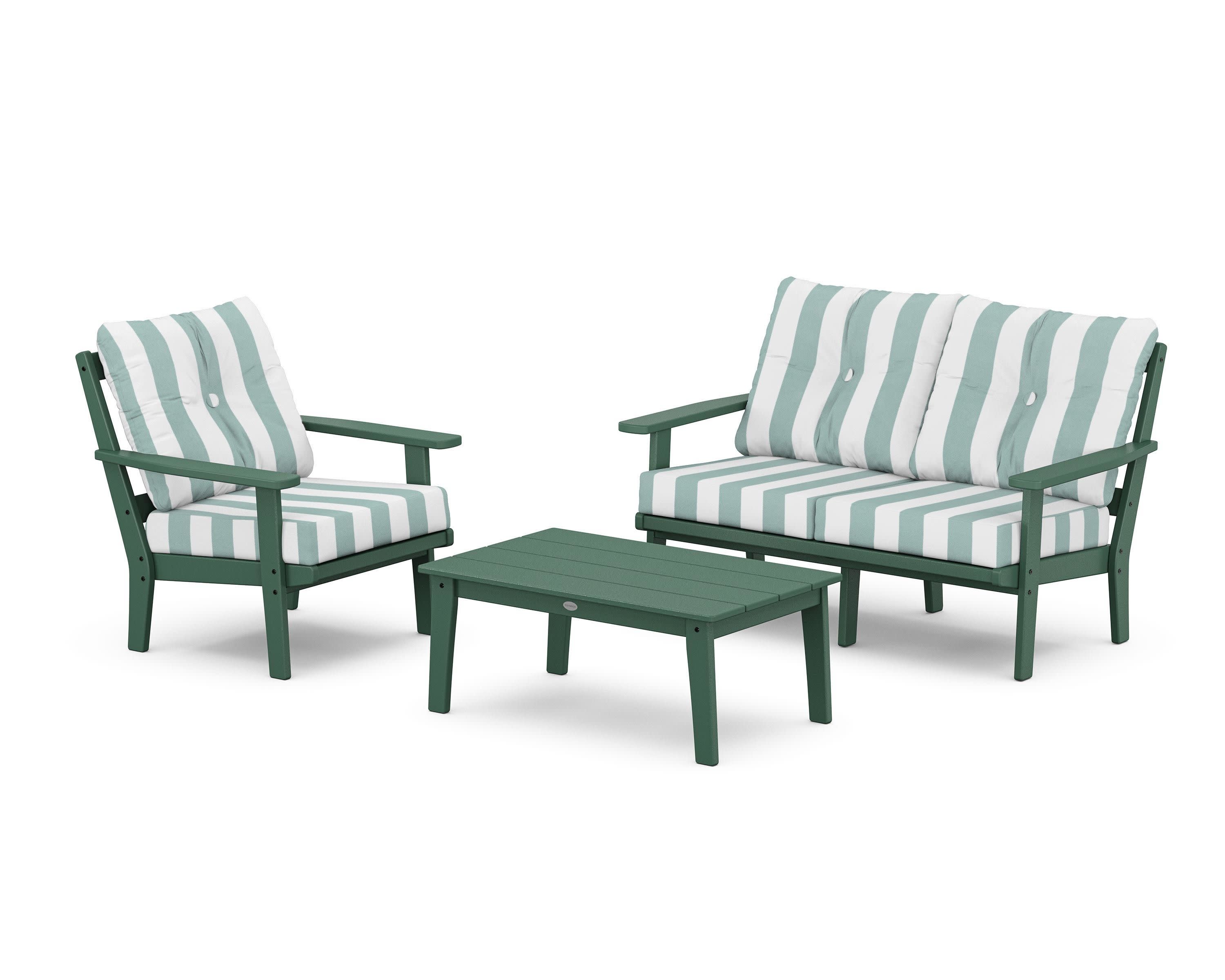 Prairie 3-Piece Deep Seating Set with Loveseat in Green / Cabana Stripe Glacier Spa