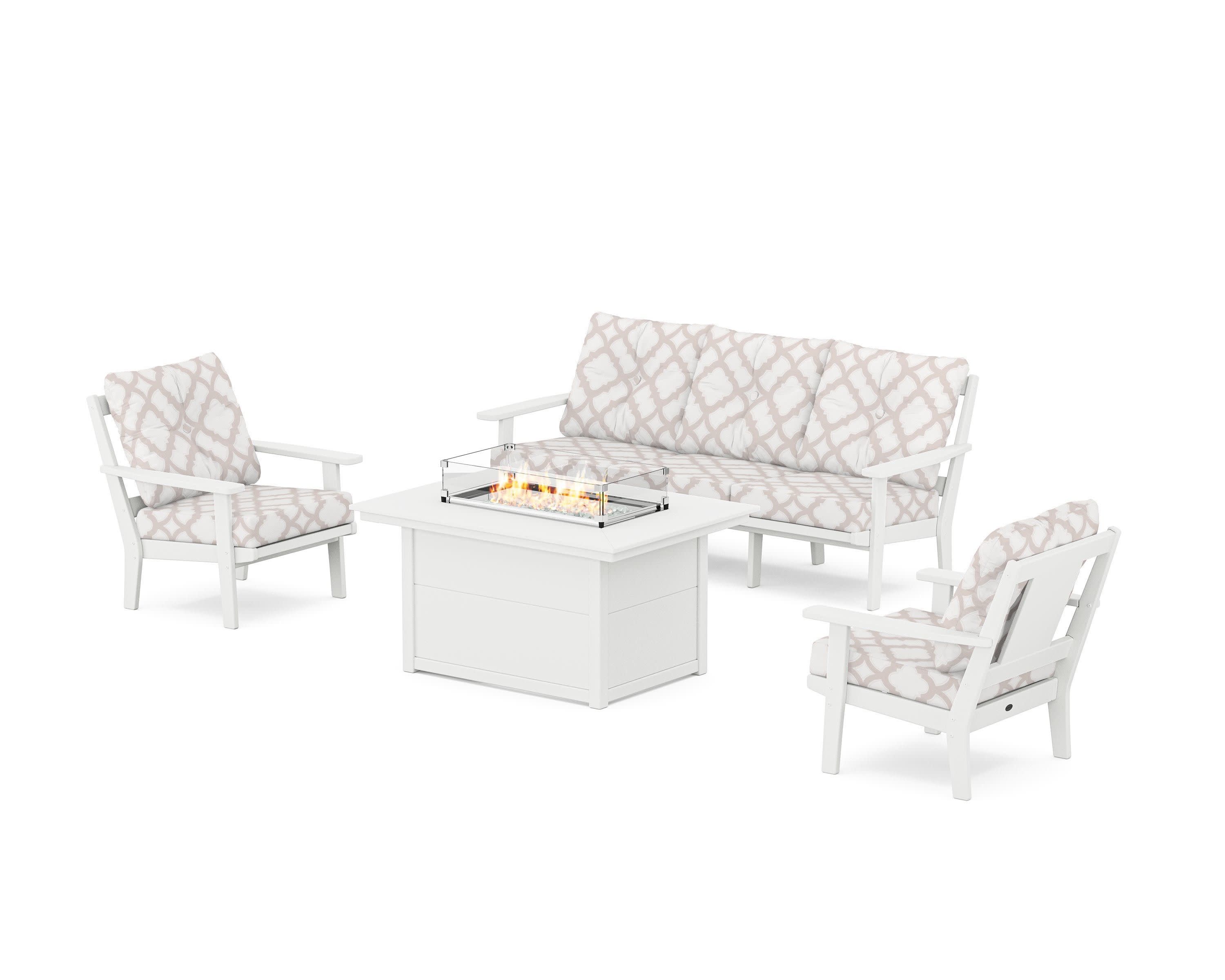 Prairie Deep Seating Fire Pit Table Set in White / Trellis Dune Burlap