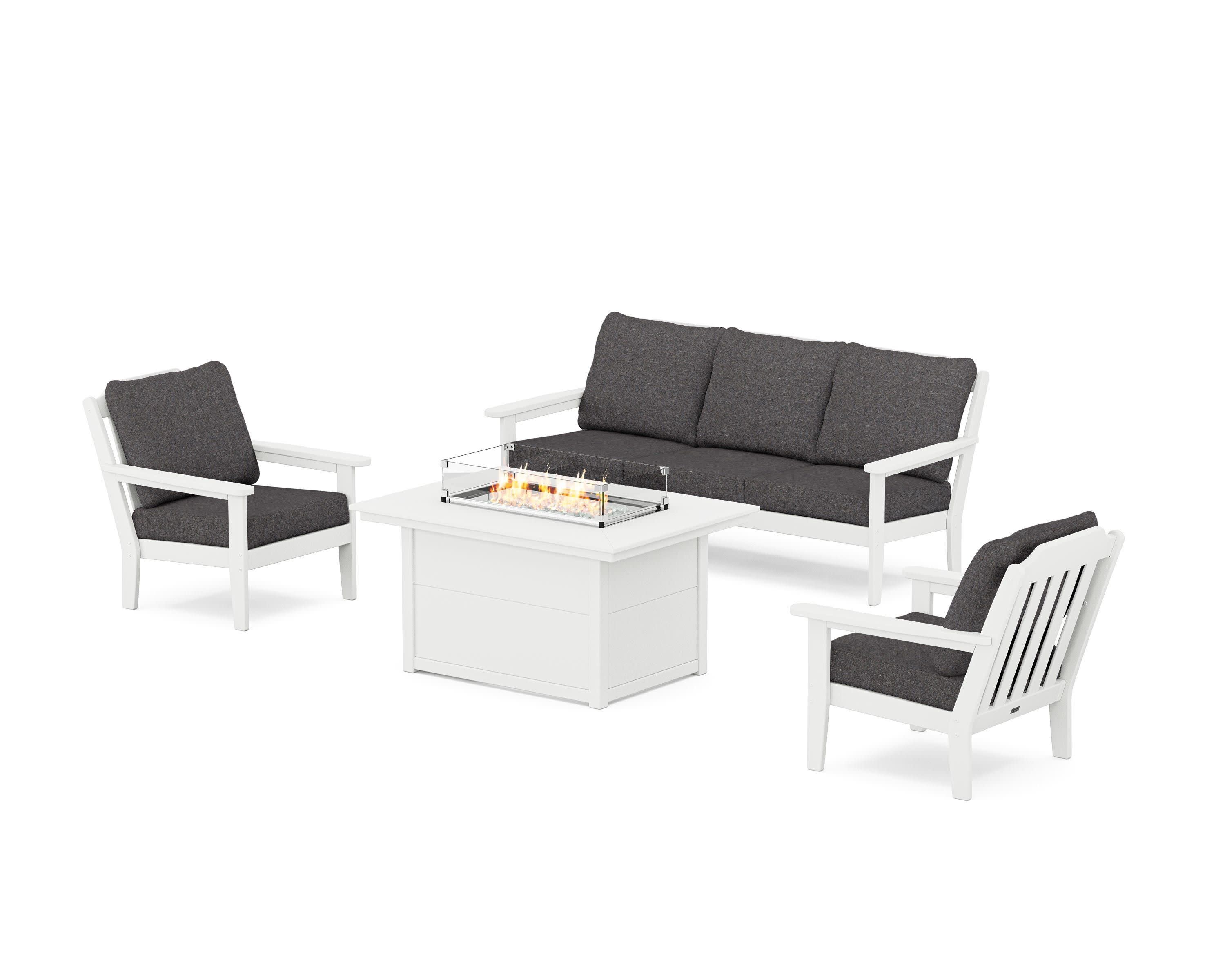 Cottage Deep Seating Fire Pit Table Set in White / Ash Charcoal