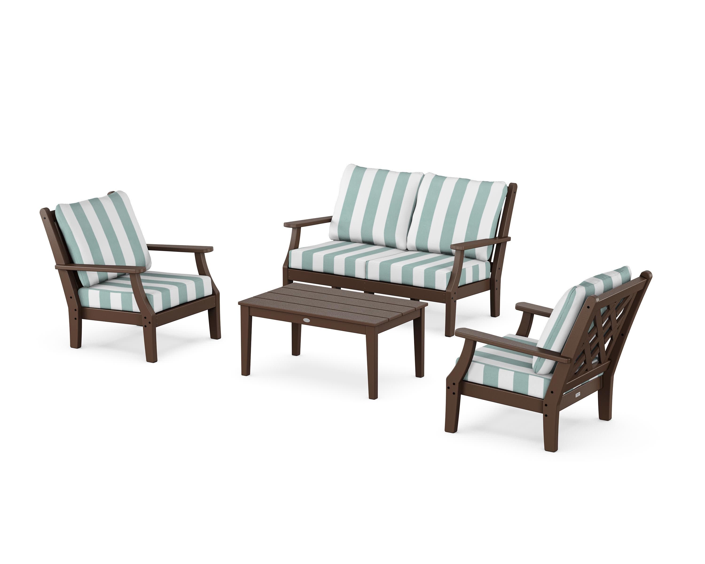 Wovendale 4-Piece Deep Seating Set with Loveseat in Mahogany / Cabana Stripe Glacier Spa