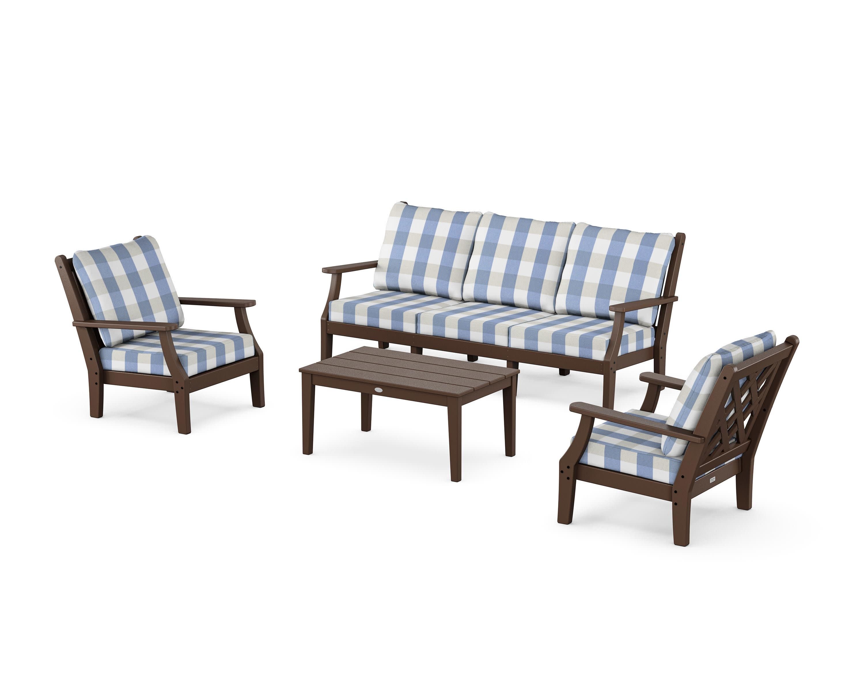 Wovendale 4-Piece Deep Seating Set with Sofa in Mahogany / Buffalo Plaid Sky Blue