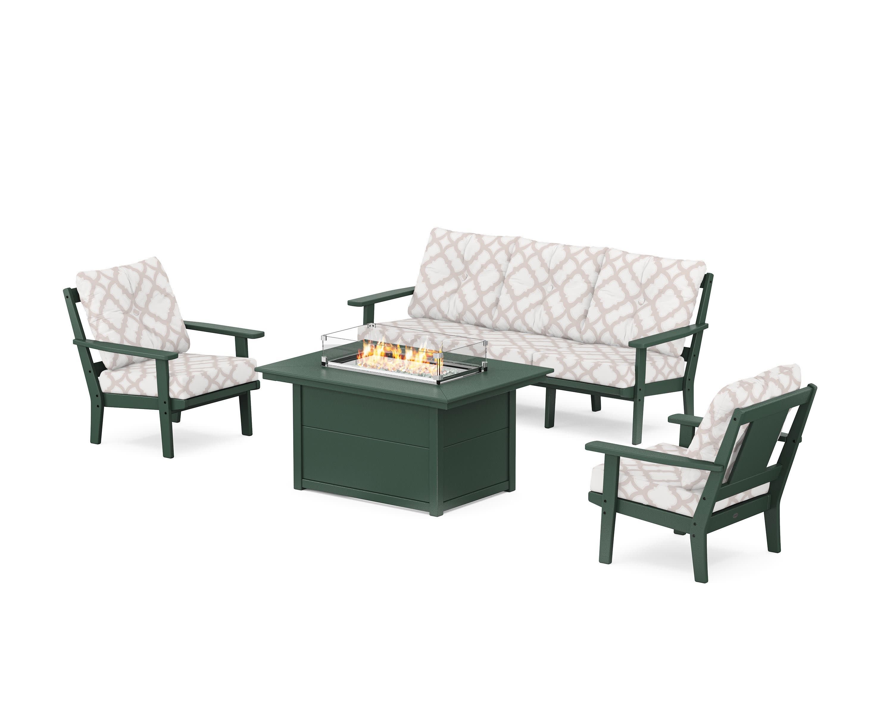 Prairie Deep Seating Fire Pit Table Set in Green / Trellis Dune Burlap