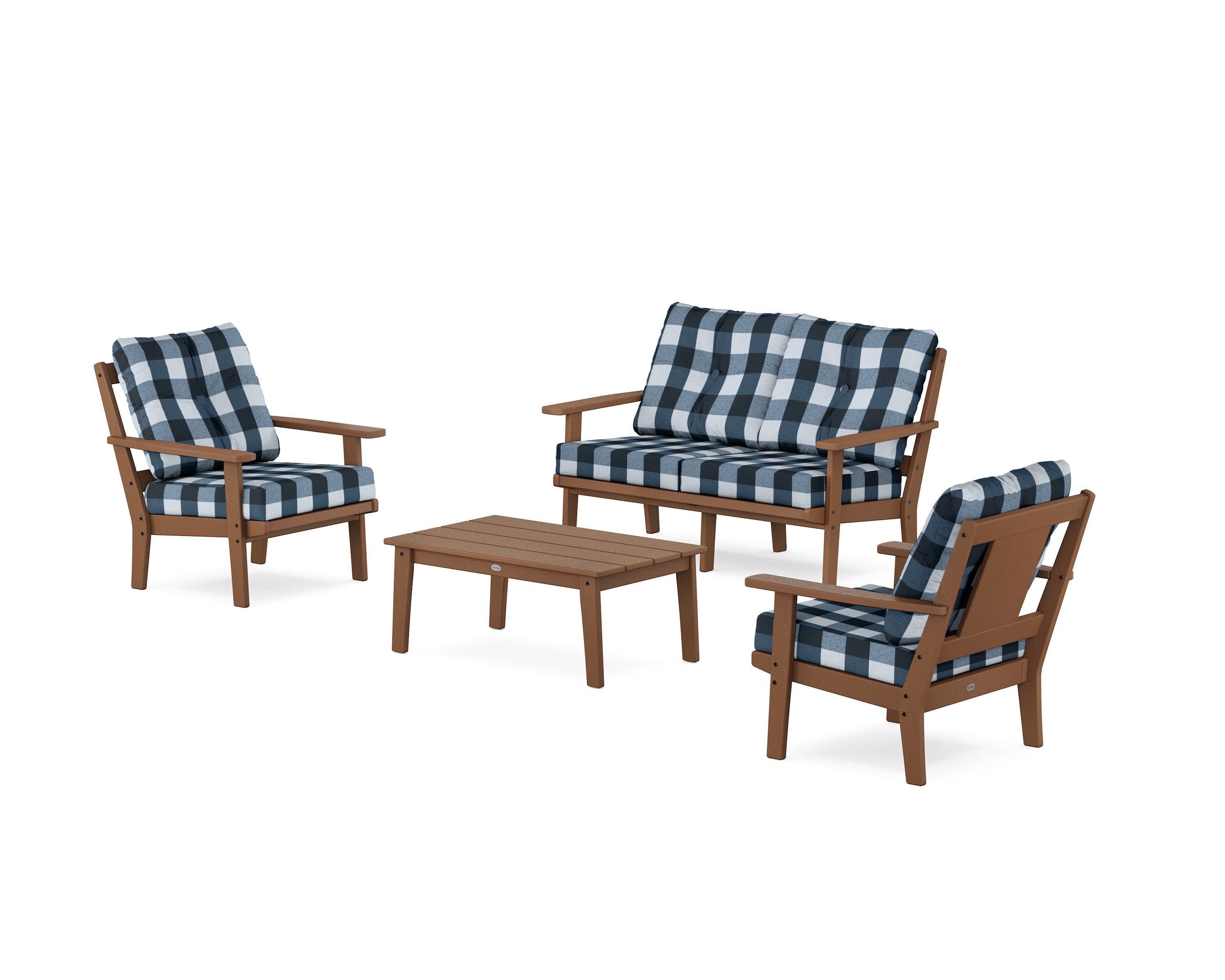 Prairie 4-Piece Deep Seating Set with Loveseat in Teak / Buffalo Plaid Marine Indigo
