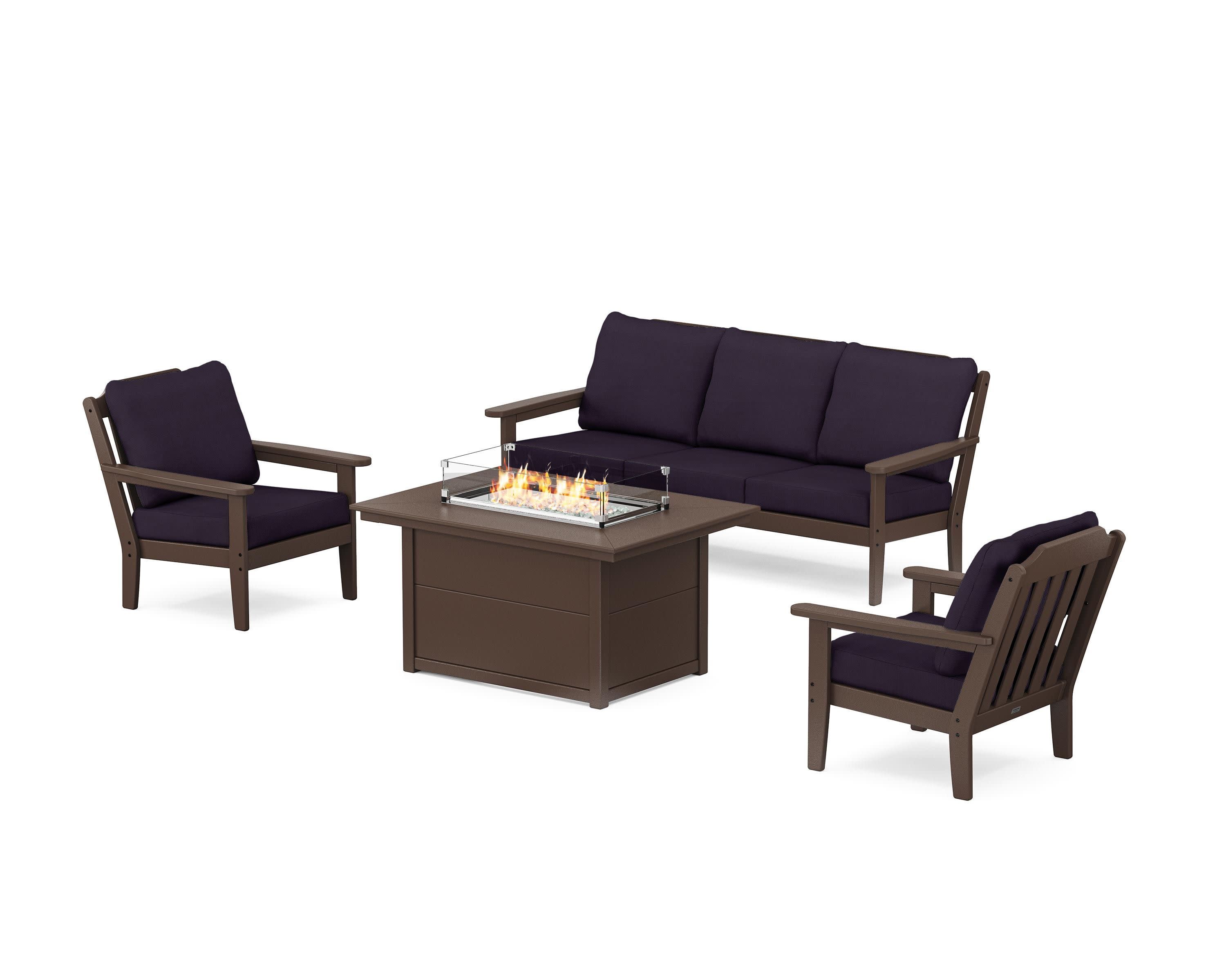 Cottage Deep Seating Fire Pit Table Set in Mahogany / Navy Linen