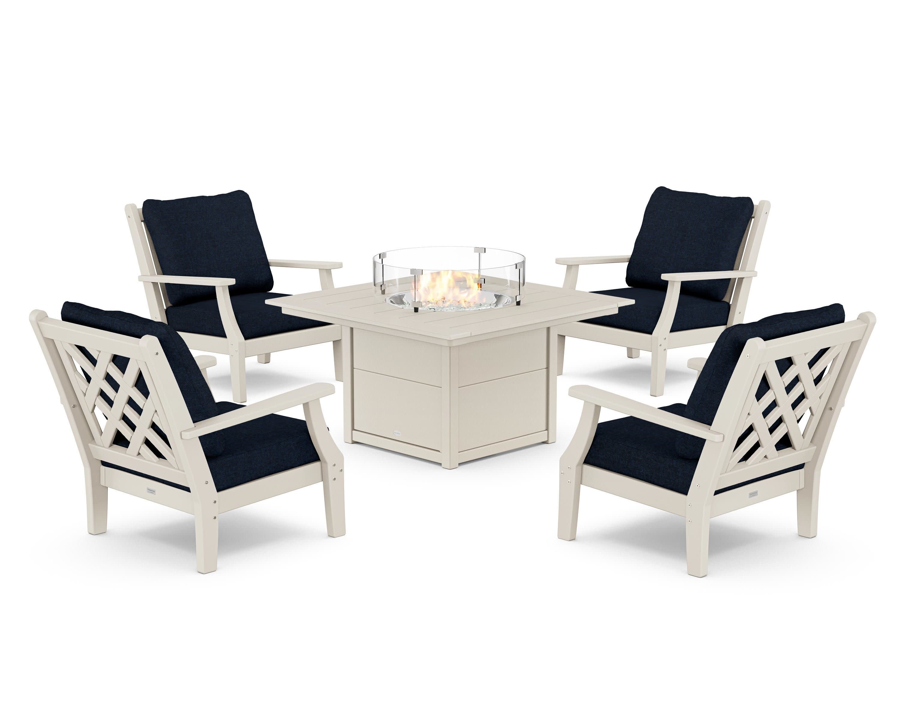 Wovendale 5-Piece Deep Seating Set with Fire Pit Table in Sand / Marine Indigo