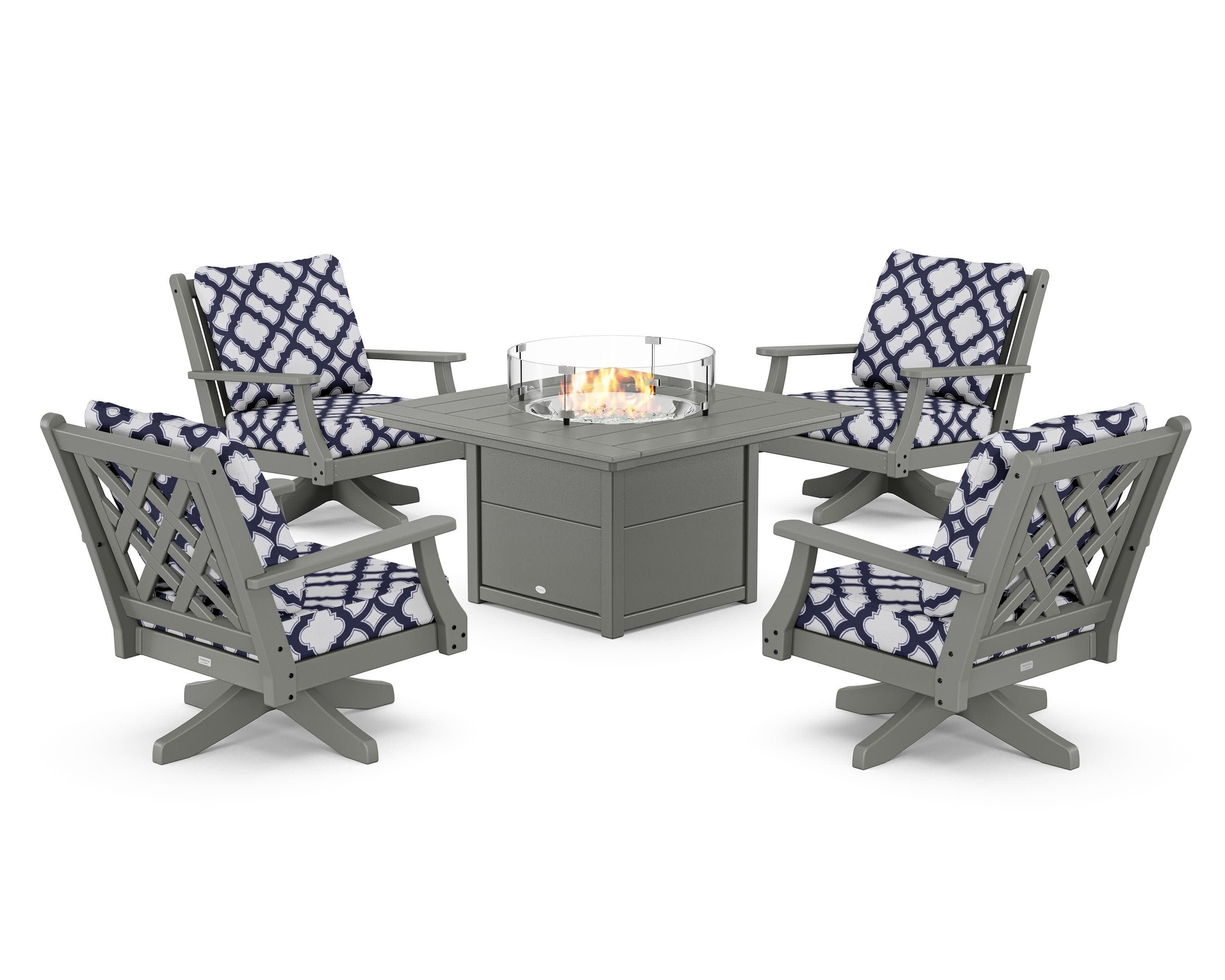 Wovendale 5-Piece Deep Seating Swivel Conversation Set with Fire Pit Table in Slate Grey / Trellis Navy