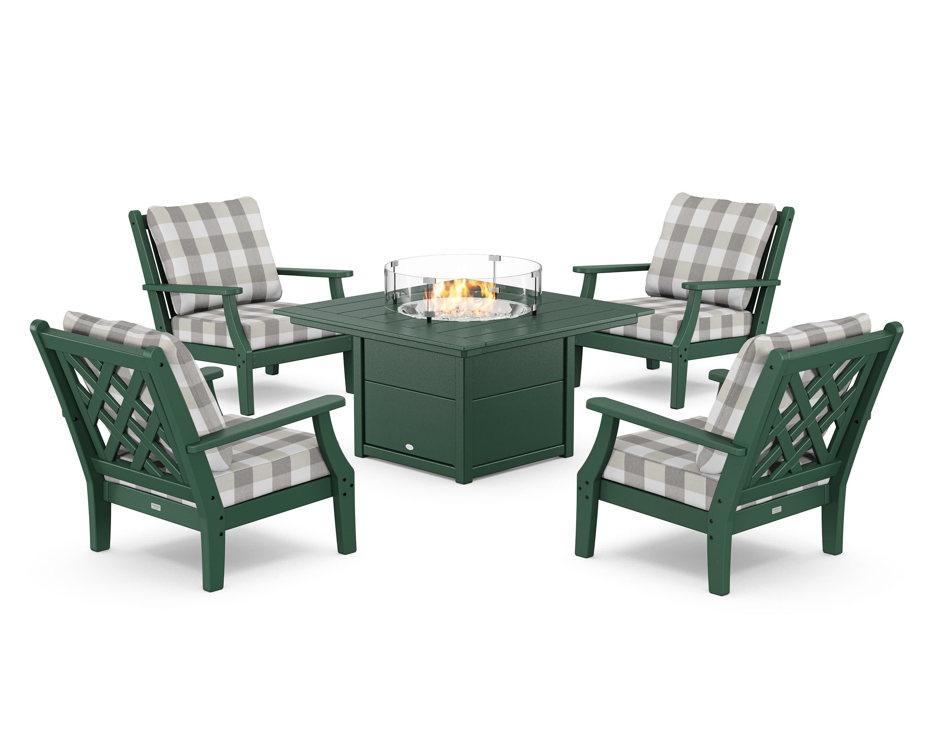 Wovendale 5-Piece Deep Seating Set with Fire Pit Table in Green / Buffalo Plaid Grey Mist