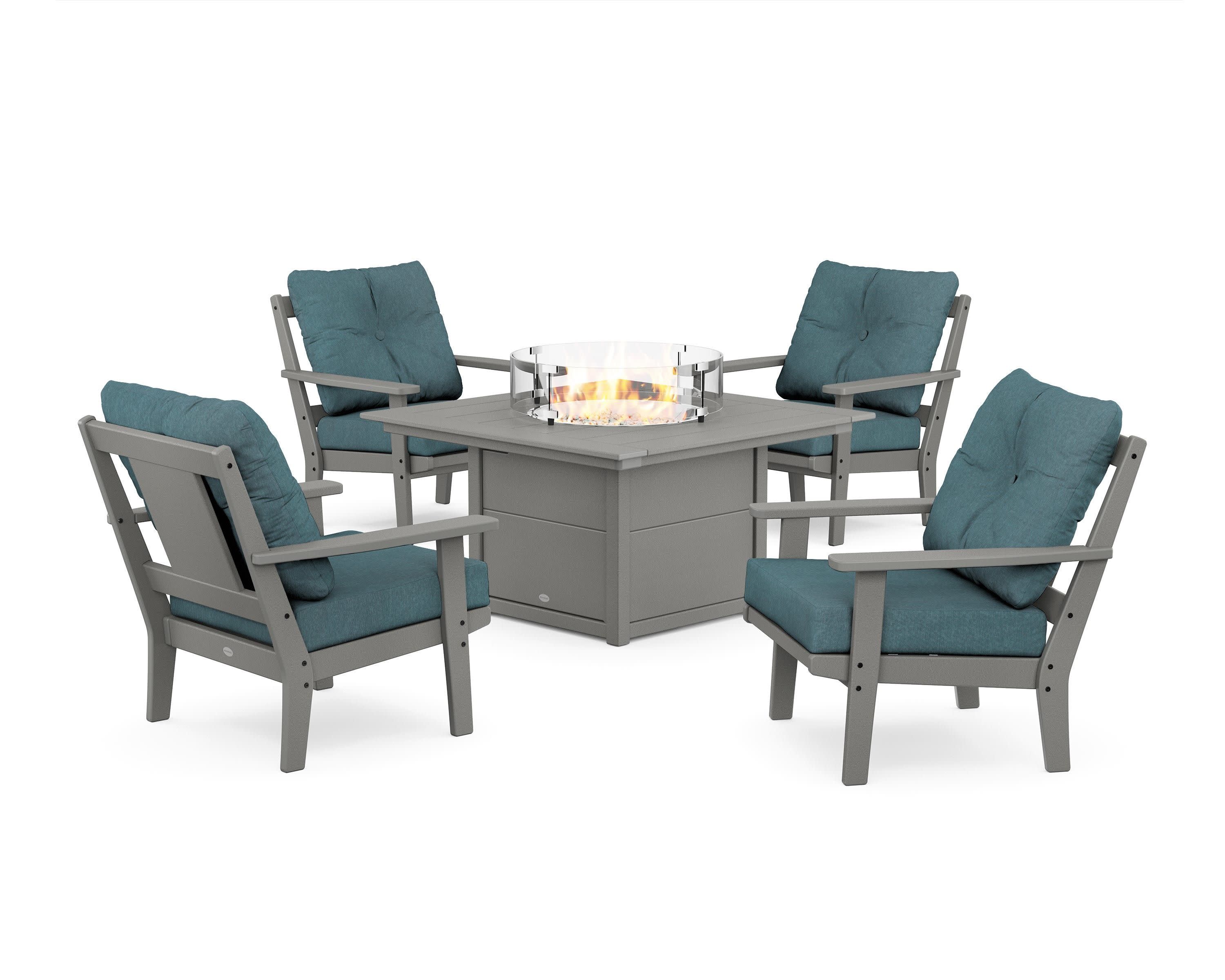 Prairie 5-Piece Deep Seating Set with Fire Pit Table in Slate Grey / Ocean Teal