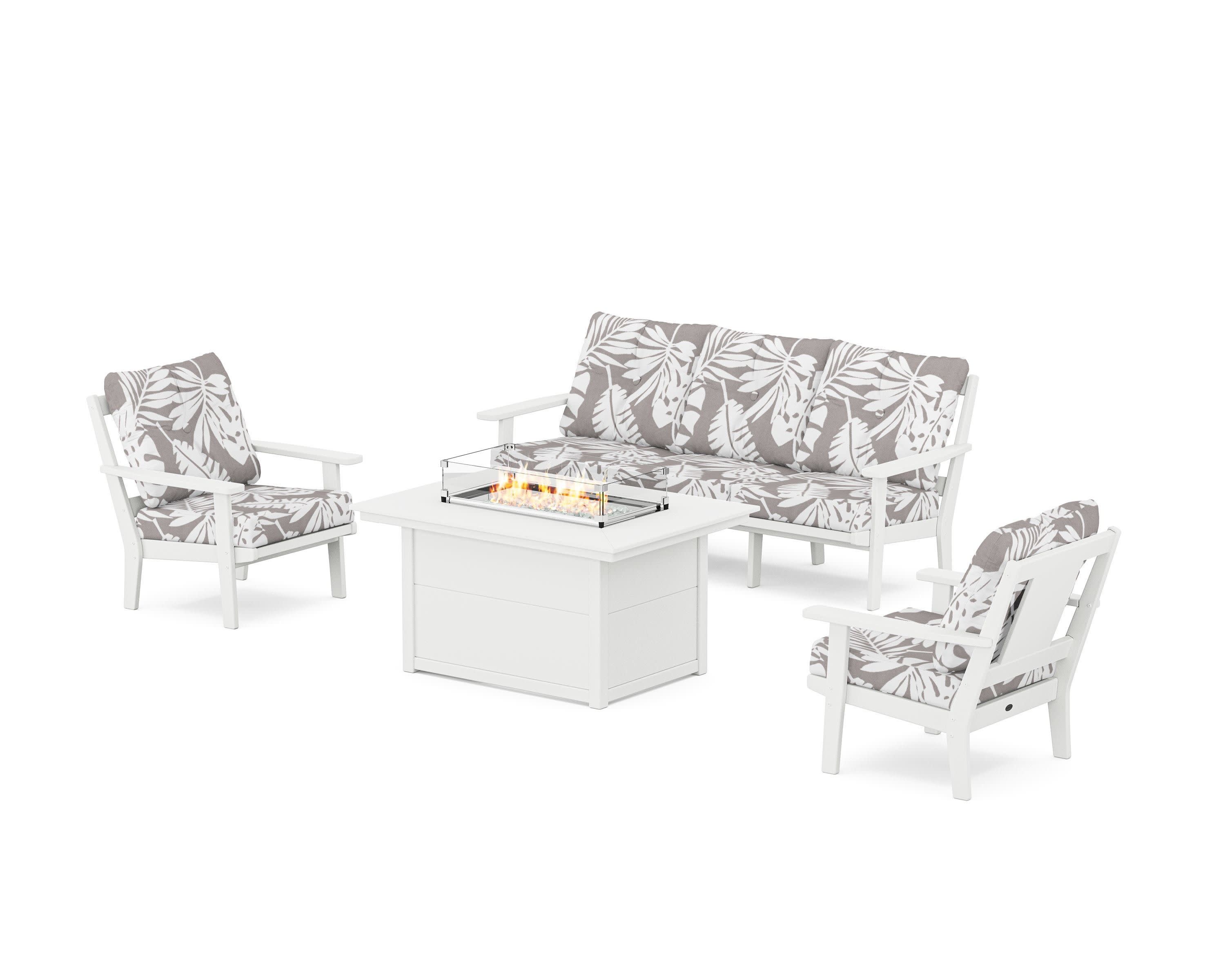Prairie Deep Seating Fire Pit Table Set in White / Leaf Grey Mist